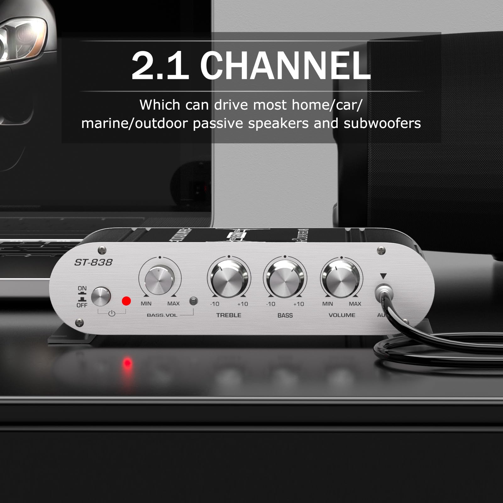 Facmogu St 838 2.1 Channel Hifi Stereo Subwoofer Amplifier, Rms 20Wx2+40W Mini Digital Audio Power Amplifier For Home Speakers, 80W Subwoofer Amplifier Audio Stereo Bass Amp With Power Supply   Black