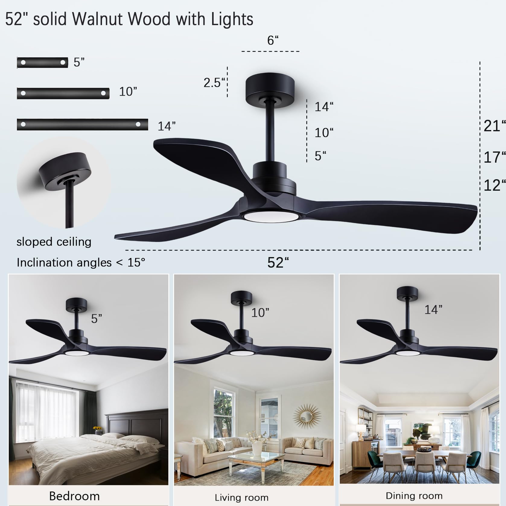 Dearnow 52'' Wood Ceiling Fans With Lights With Remote Control Ceiling Fan, 3 Wood Blades, Solid Wood Ceiling Fan Indoor Outdoor