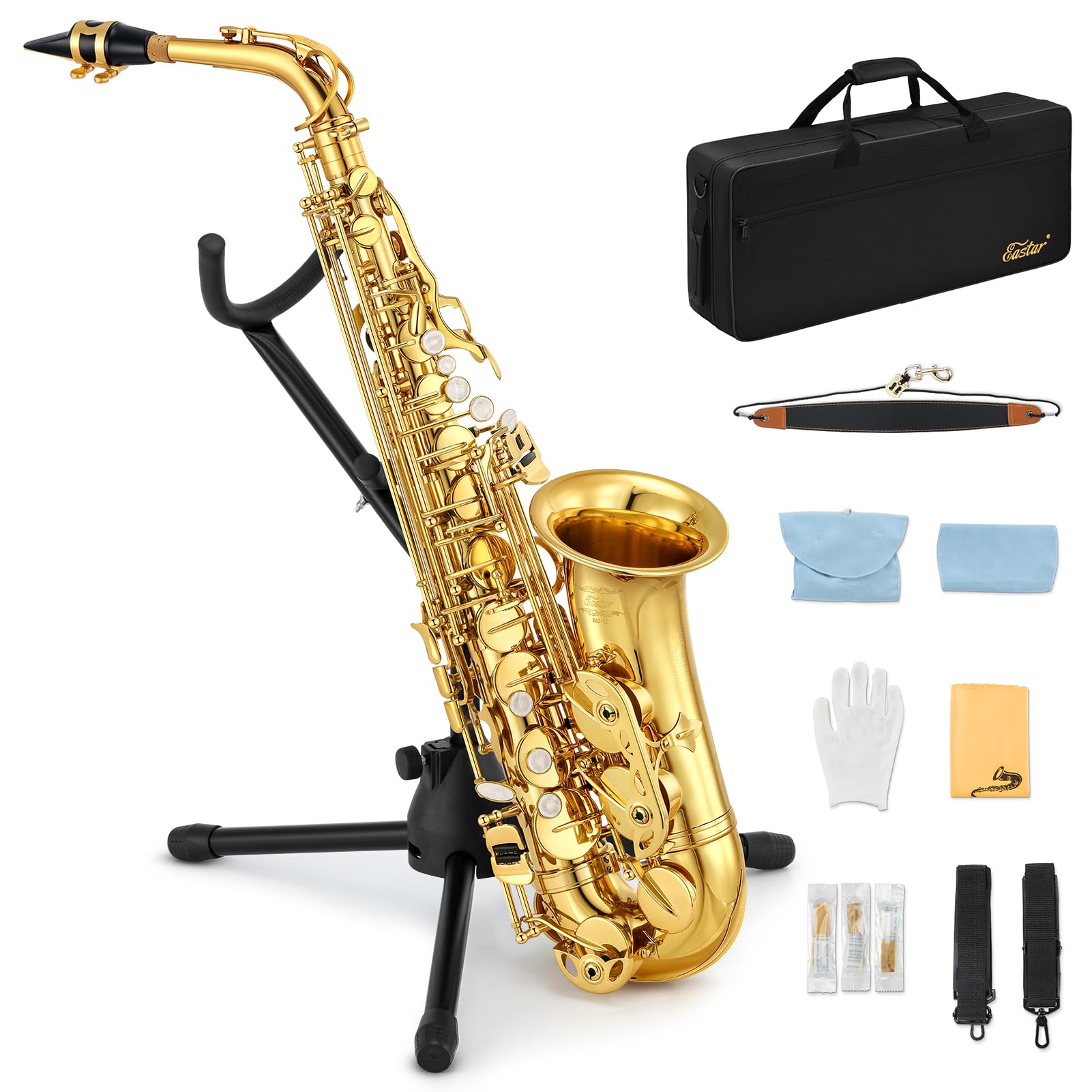 Eastar Student Alto Saxophone E Flat for Beginner Sax Full Kit with Carrying Case, Mouthpiece, Straps, Reeds, Stand, Golden Lacq