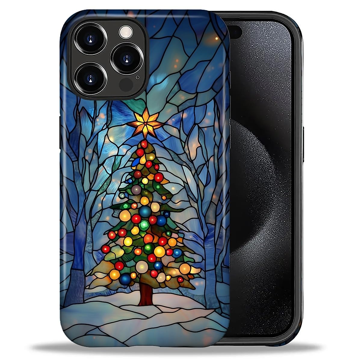 SKAMIX Case for iPhone 16 Pro,Drop Protection Hybrid 2-Layer Hard Phone Cover-Stained Glass Winter Christmas Tree