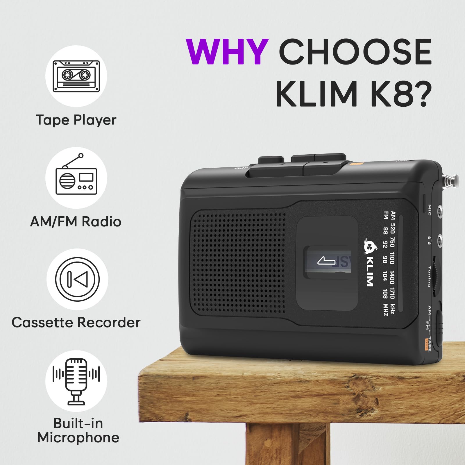 Klim K8 Cassette Tape Player Portable + Cassette Recorder + New + Am/Fm Walkman Cassette Player + Built In Microphone & Speaker