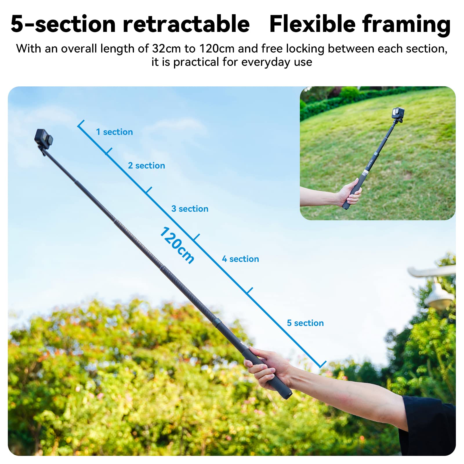 Telesin G3 Invisible Selfie Stick For Gopro Insta360 (120Cm/47.2'), Waterproof Carbon Fiber Extension Pole For Gopro 13 12 11 10 9 8 Insta 360 X3 X4 Go 3 Ace Pro 2 Dji Action 3 4 5 Osmo Pocket 3