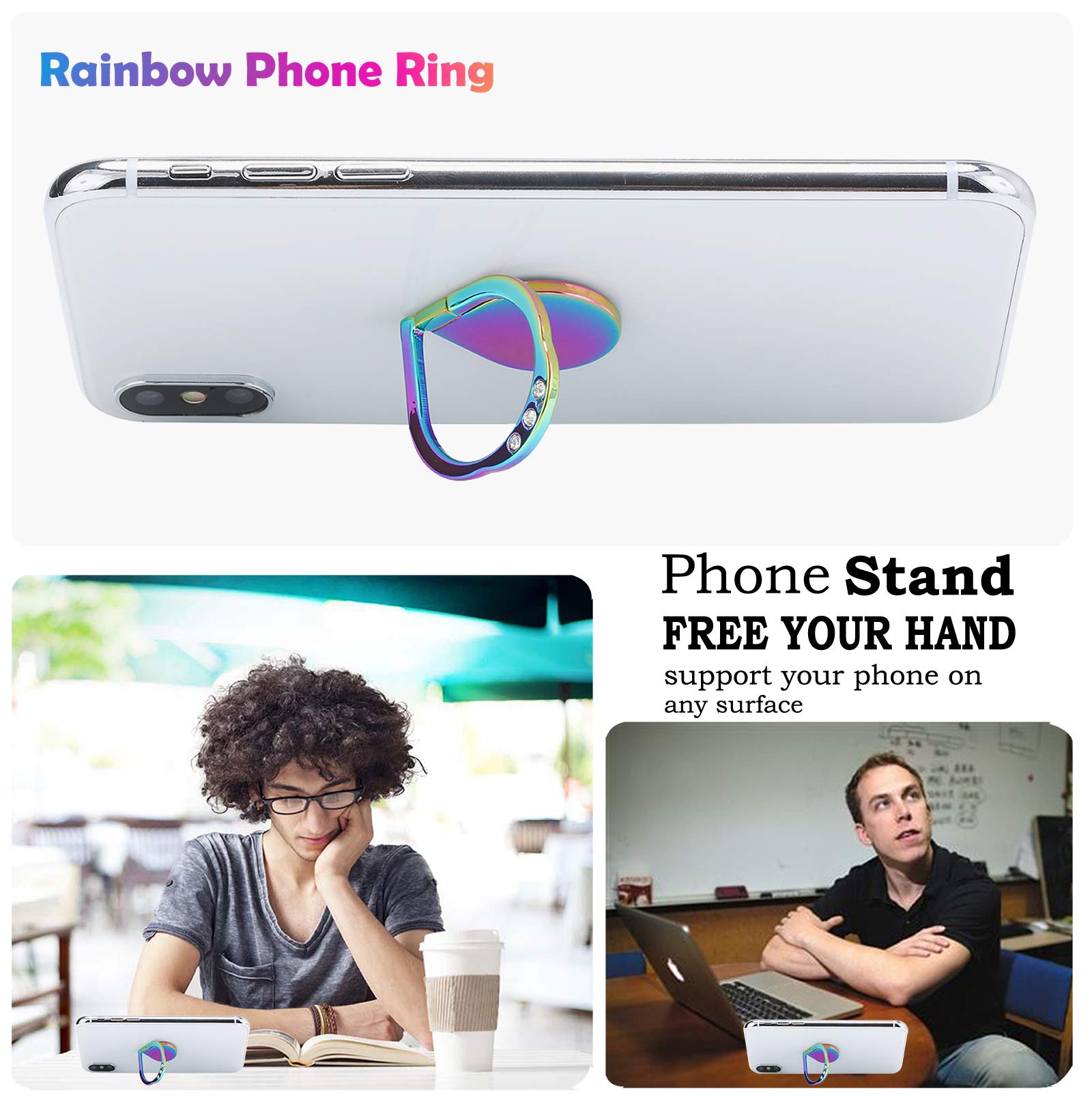 Lenoup Rainbow Sparkle Cell Phone Ring Stand Holder,Glitter Bling Bling Rainbow Ring Grip Kickstand,360 Rotation Finger Ring For