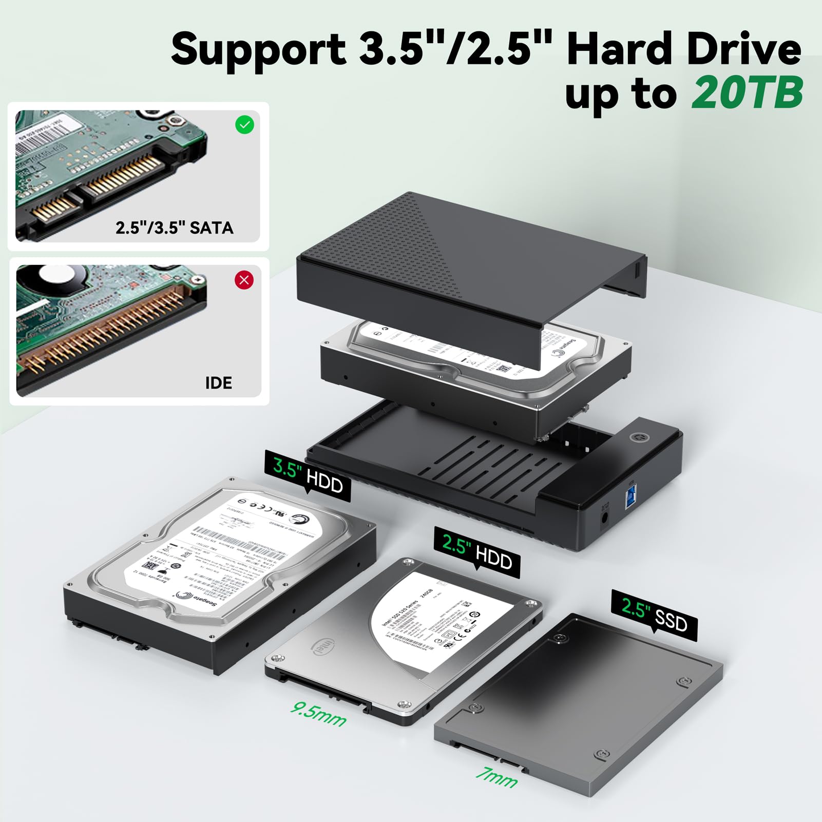 3.5 Hard Drive Enclosure, Clavoop External 3.5 2.5 Inch Ssd Hdd Enclosure Usb 3.0 Sata Reader Up To 20 Tb Hard Drive Case Data R