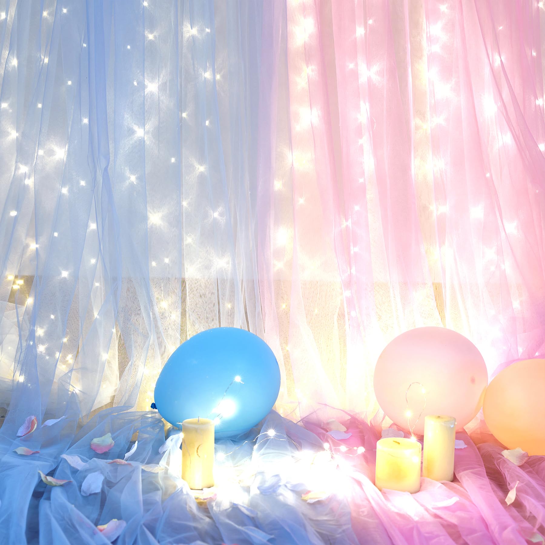 Pink Blue Sheer Tulle Backdrop Curtains With Lights String For Gender Reveal Baby Shower Decorations For Boy Or Girl Birthday Pa