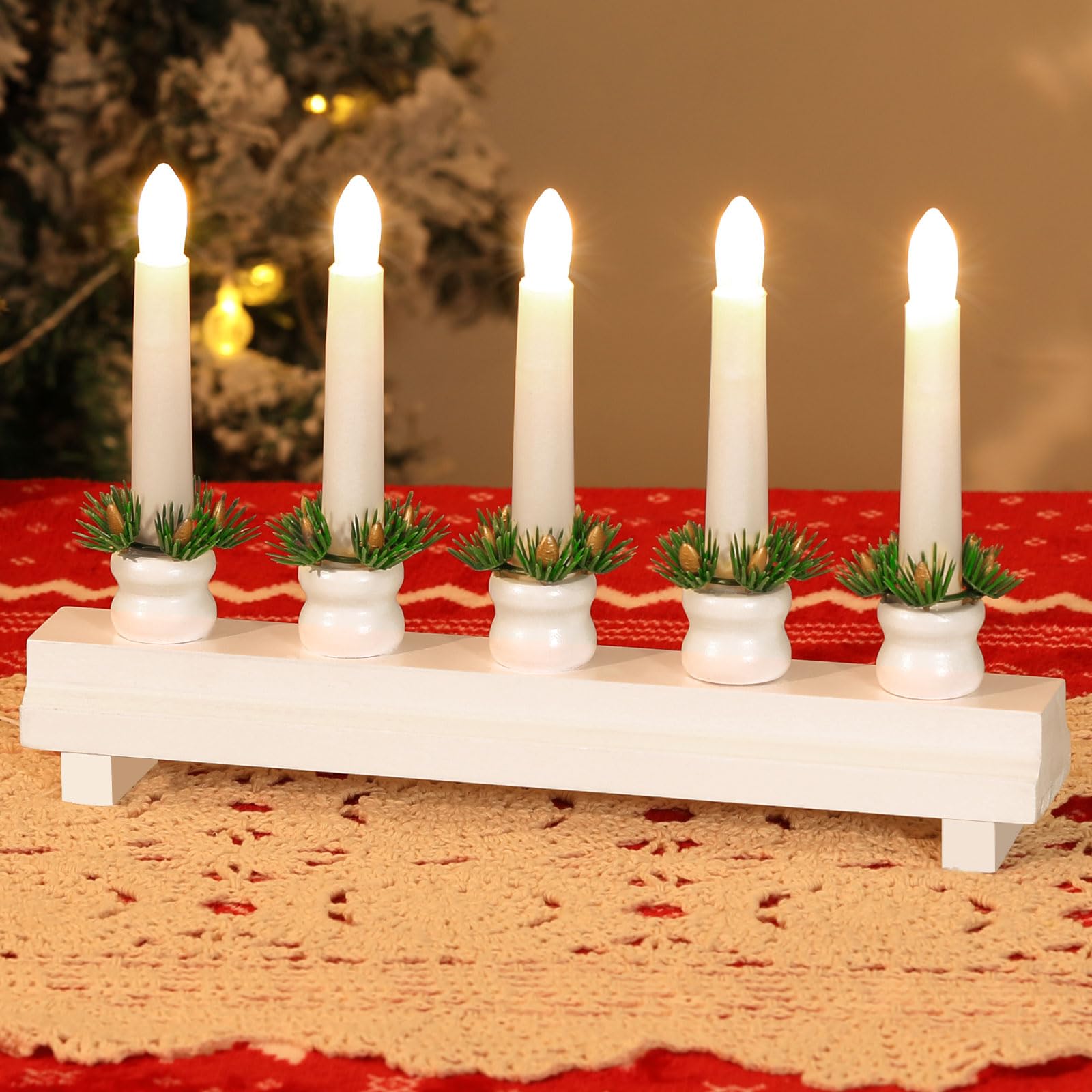 Lewondr Christmas Swedish Candelabra, Electric Candles With 5 Flameless Taper Candles, Wooden Candle Bridge Light With Usb Power