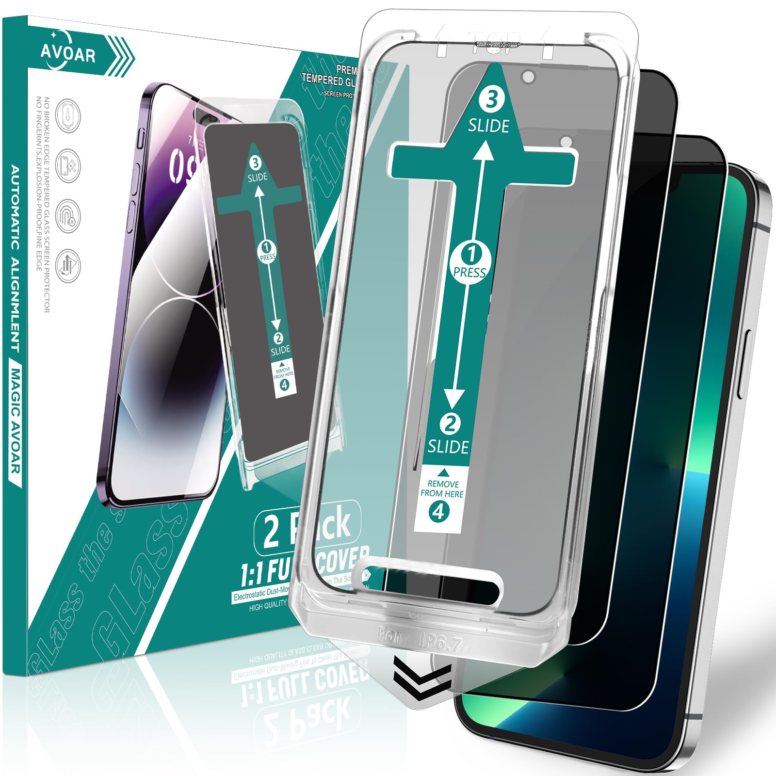 Avoar 2 Pack Privacy Screen Protector For Iphone 14 Plus/13 Pro Max, [Auto Alignment Kit] 6.7 Inch Tempered Full Screen Glass, A