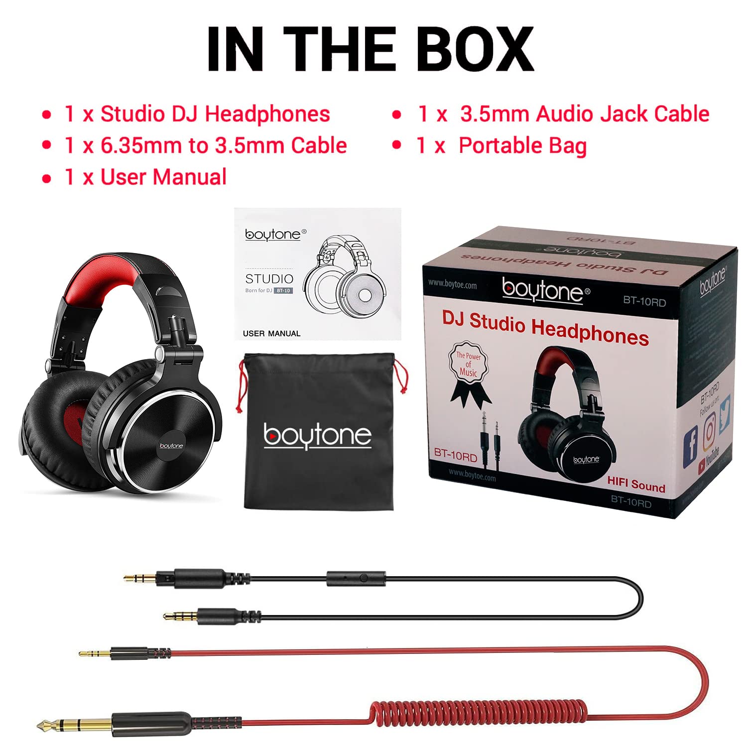 Boytone Bt 10Rd Wired Over Ear Headphones Studio Monitor & Mixing Dj Stereo Headsets With 50Mm Drivers And 1/4 To 3.5Mm Audio Ja