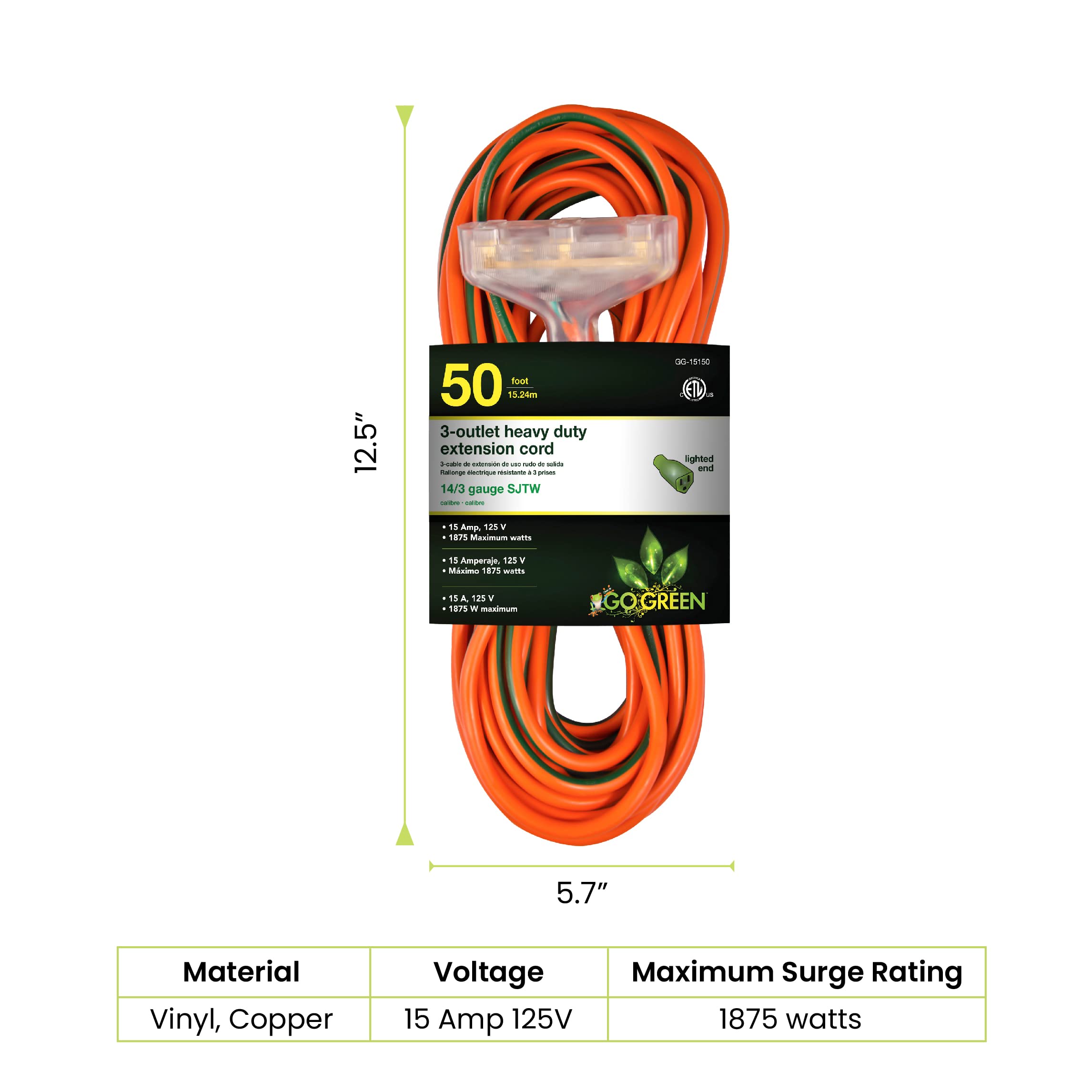 Gogreen Power (Gg 15150) 14/3 50 Sjtw 3 Outlet Heavy Duty Extension Cord, Lighted End, 50 Ft