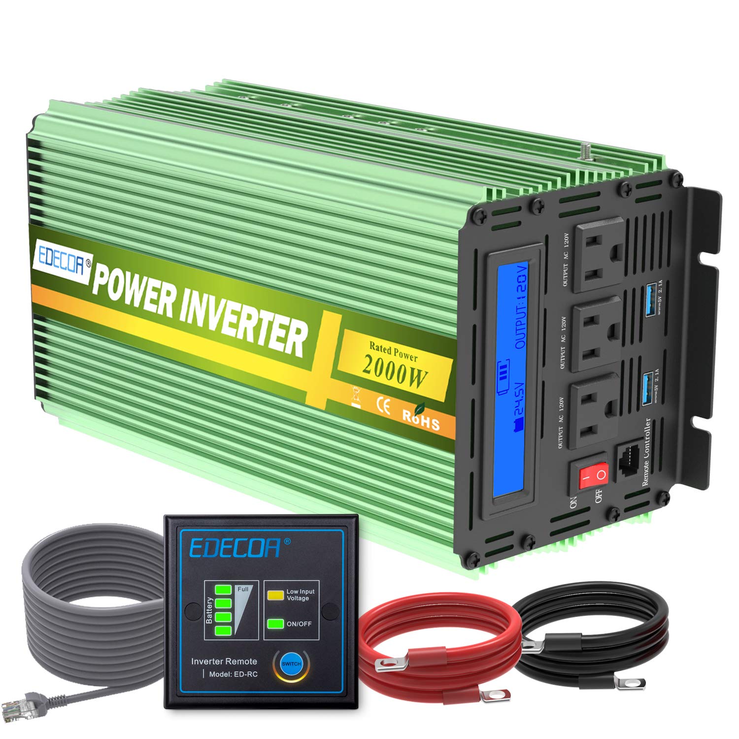 Edecoa 2000W 24V Power Inverter DC 24V to 110V AC Power Converter LCD and Remote Controller 4.2A Dual USB Ports
