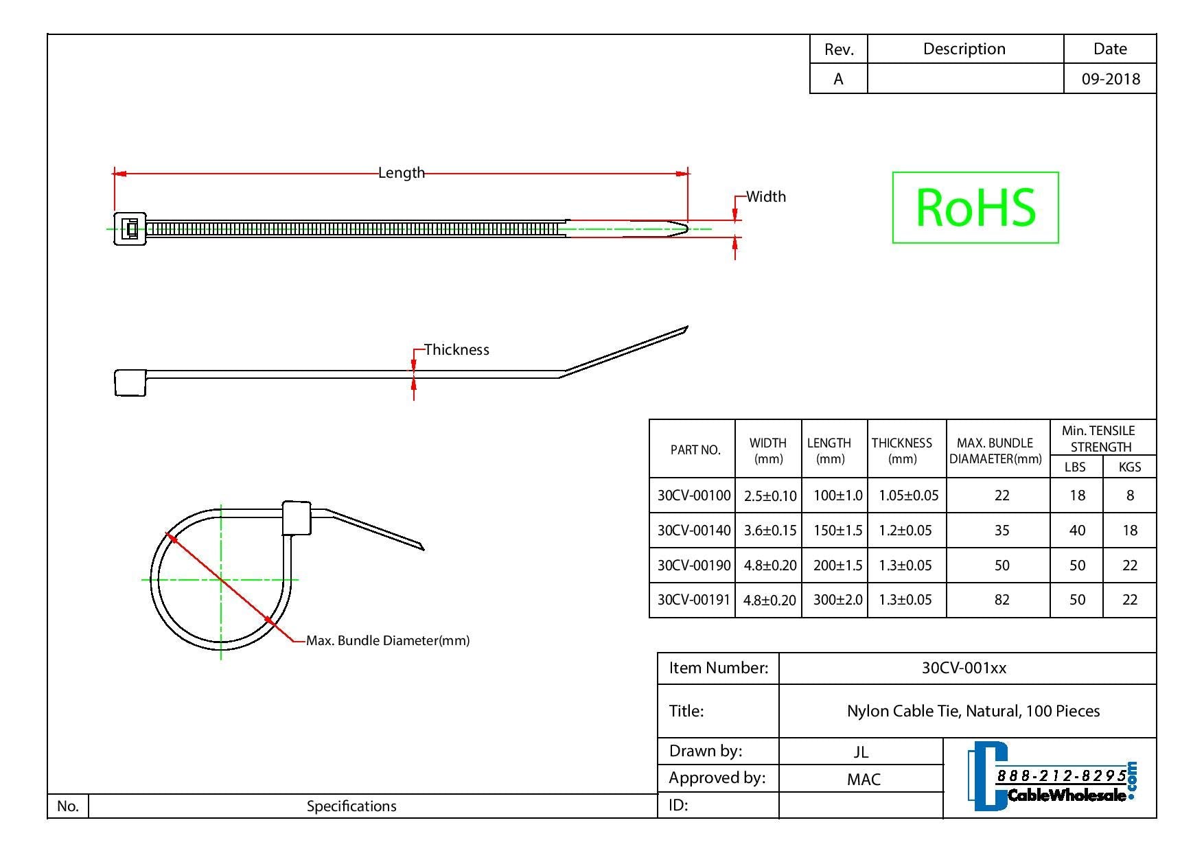 12 Inch Nylon Cable Ties, 40 Lbs. (8 Kg) Weight Limit Tensile Strength, 100 Pack Self Locking Cable Zip Ties, Cablewholesale, Bl