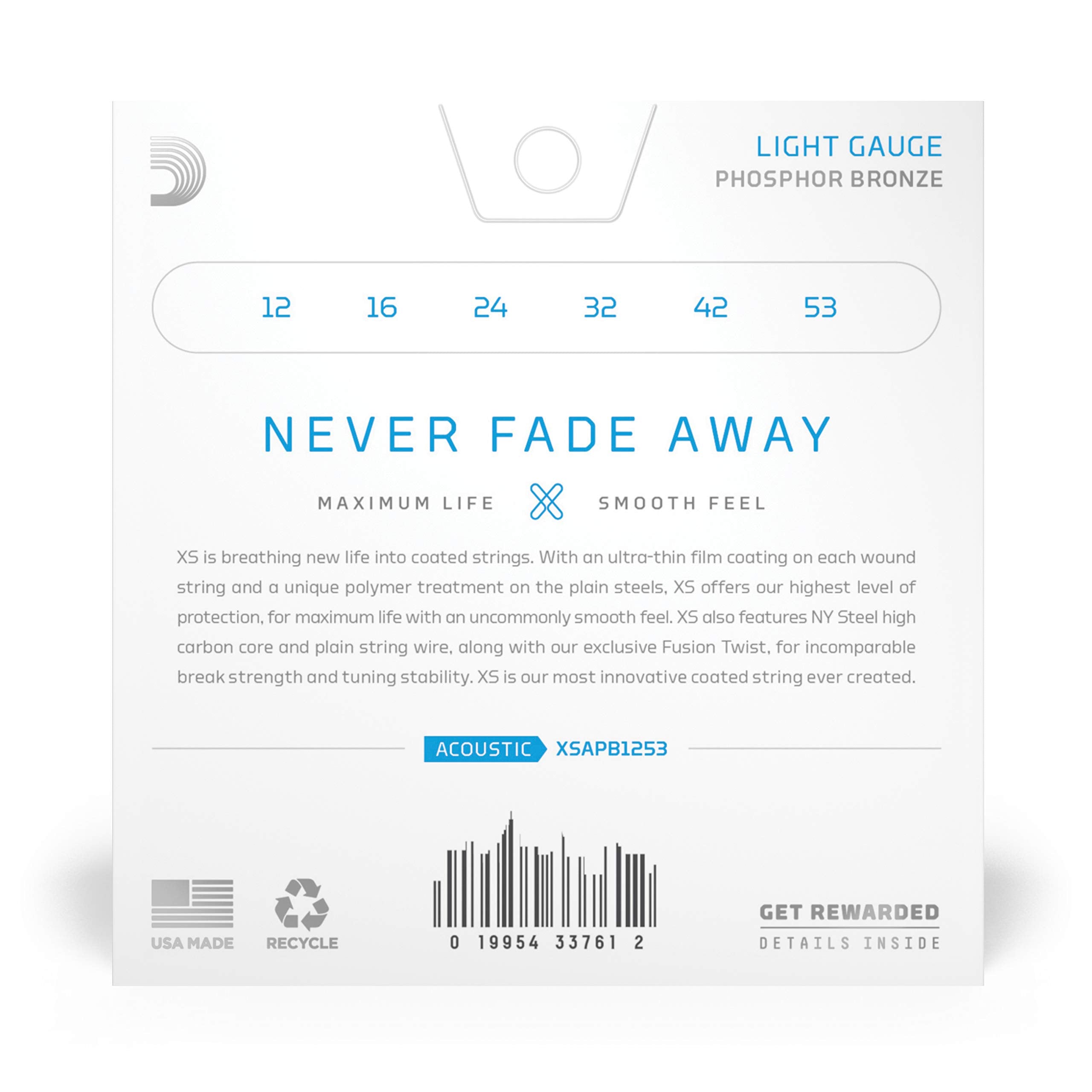 Daddario Acoustic Guitar Strings, Xs Phosphor Bronze Coated, Xsapb1253, Light Gauge 12-53, 6-String Set, Pack Of 1