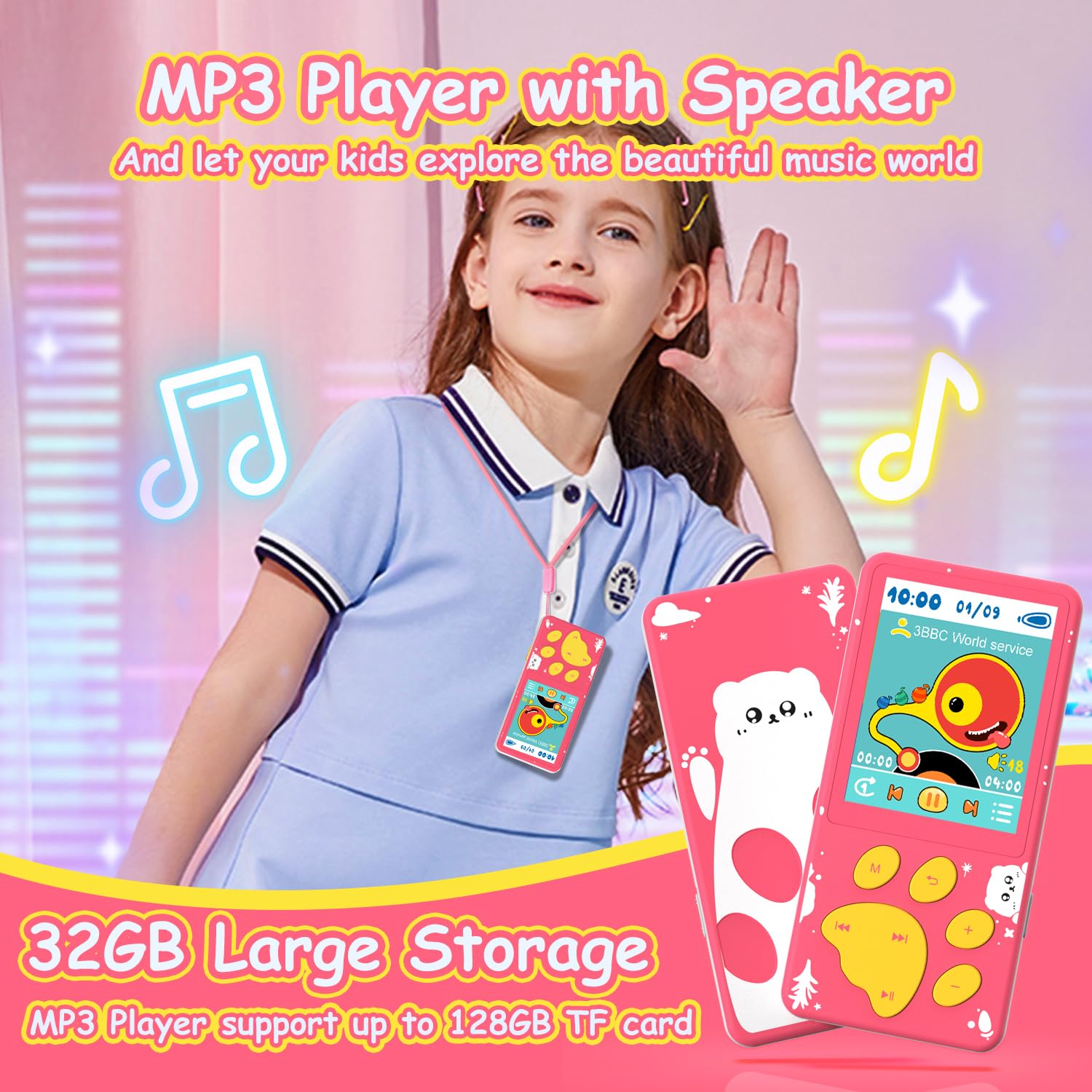 Mp3 Player For Kids,32Gb Pink Kids Mp3 Player With Bluetooth,Speaker, 2.4 Inch Color Screen,Soothing Sound,Flashlight,Games,Voic