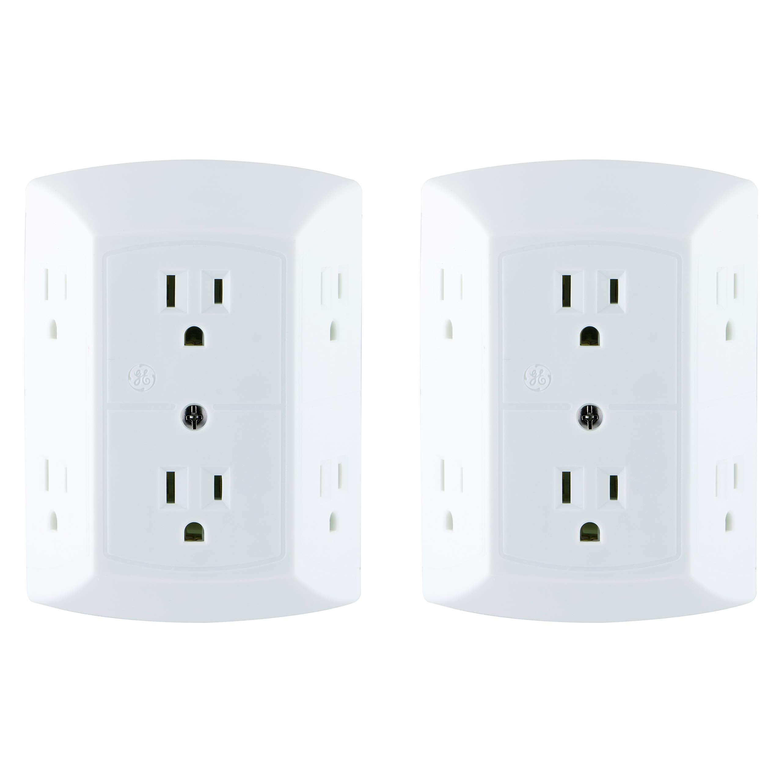 Ge 6 Outlet Extender, 2 Pack, Grounded Wall Tap, Adapter Spaced Outlets, 3 Prong Outlet Splitter, Multiple Plug, Quick And Easy
