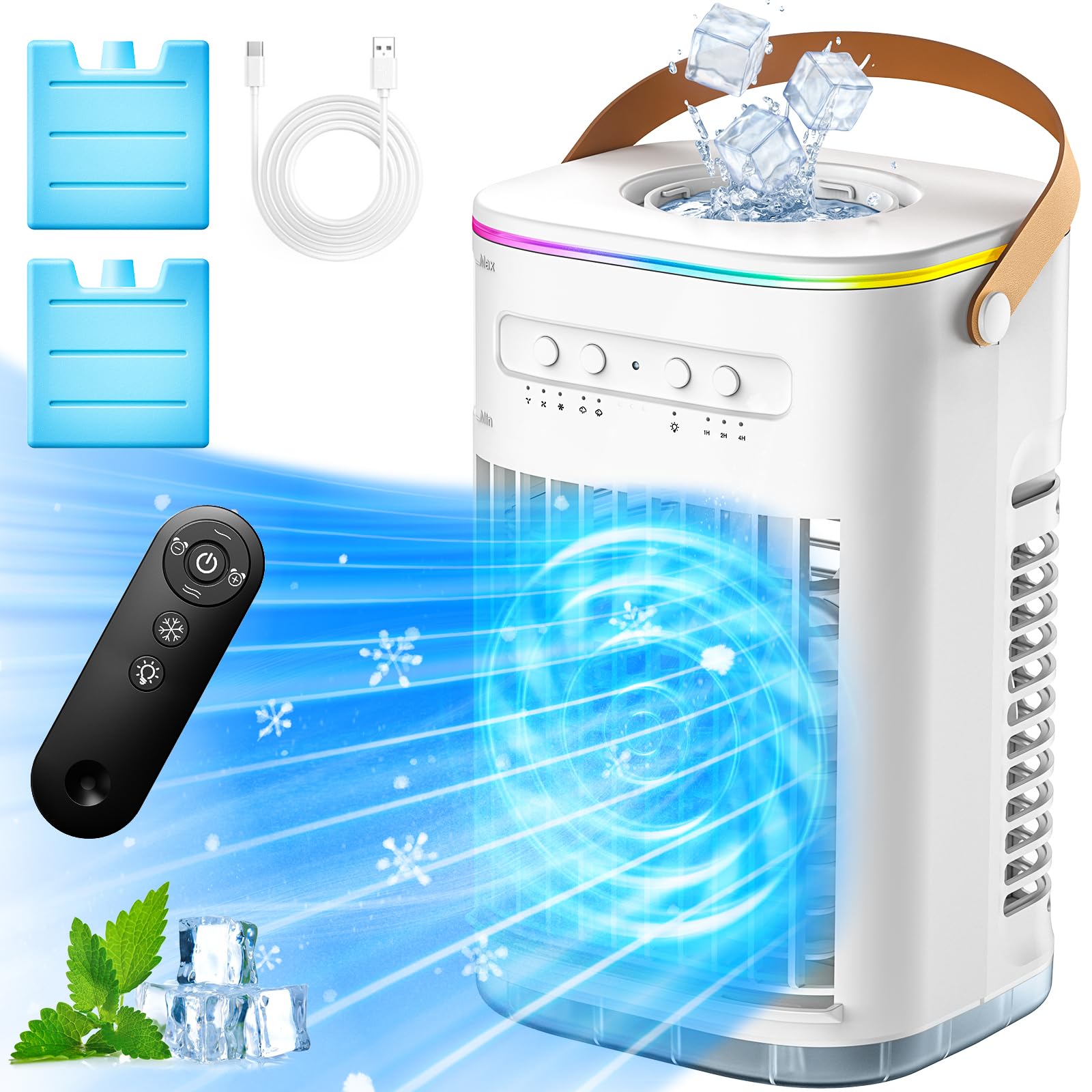 TEMEIKE 4-IN-1 Personal Air Conditioner w/Remote, 2 Ice Packs, 1200ML Tank, 7H Timer for Smart Auto-Off,2 Cool Mist,3-Speed Smal