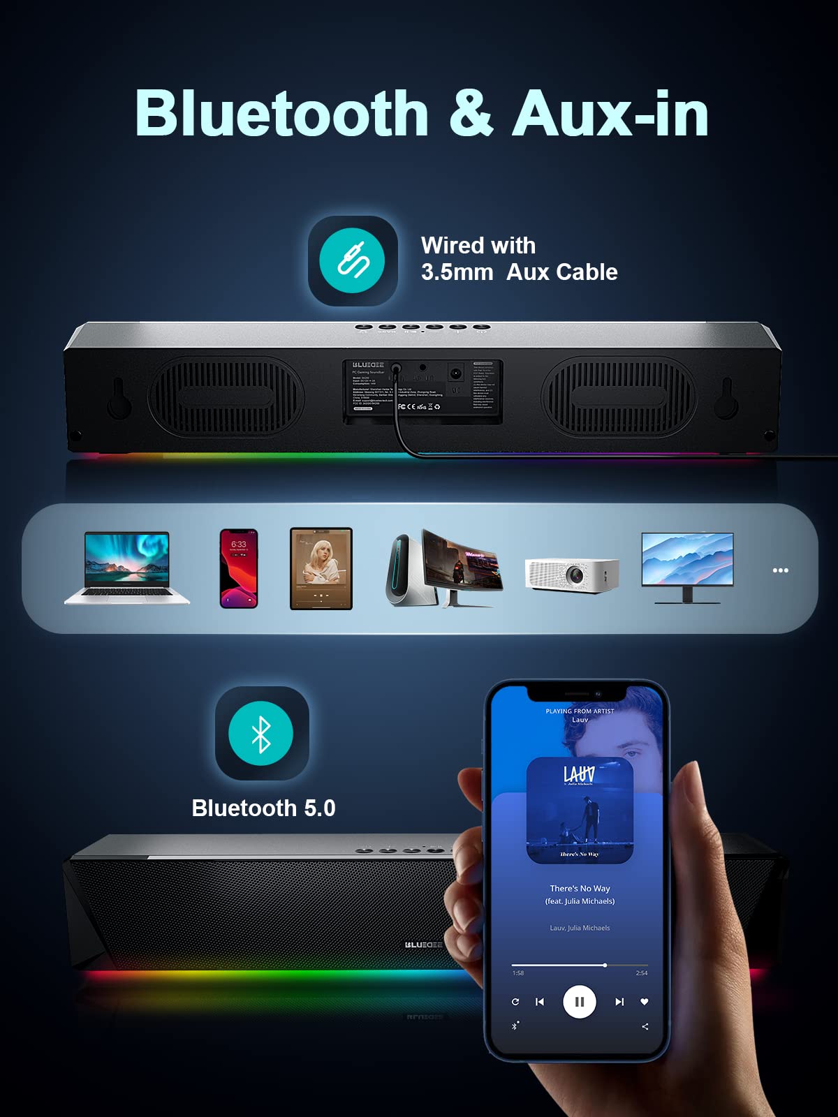 Computer Speakers, 24W Bluetooth Computer Soundbar, 3.5Mm Aux In Computer Speakers For Desktop Monitor, Computer Sound Bar With