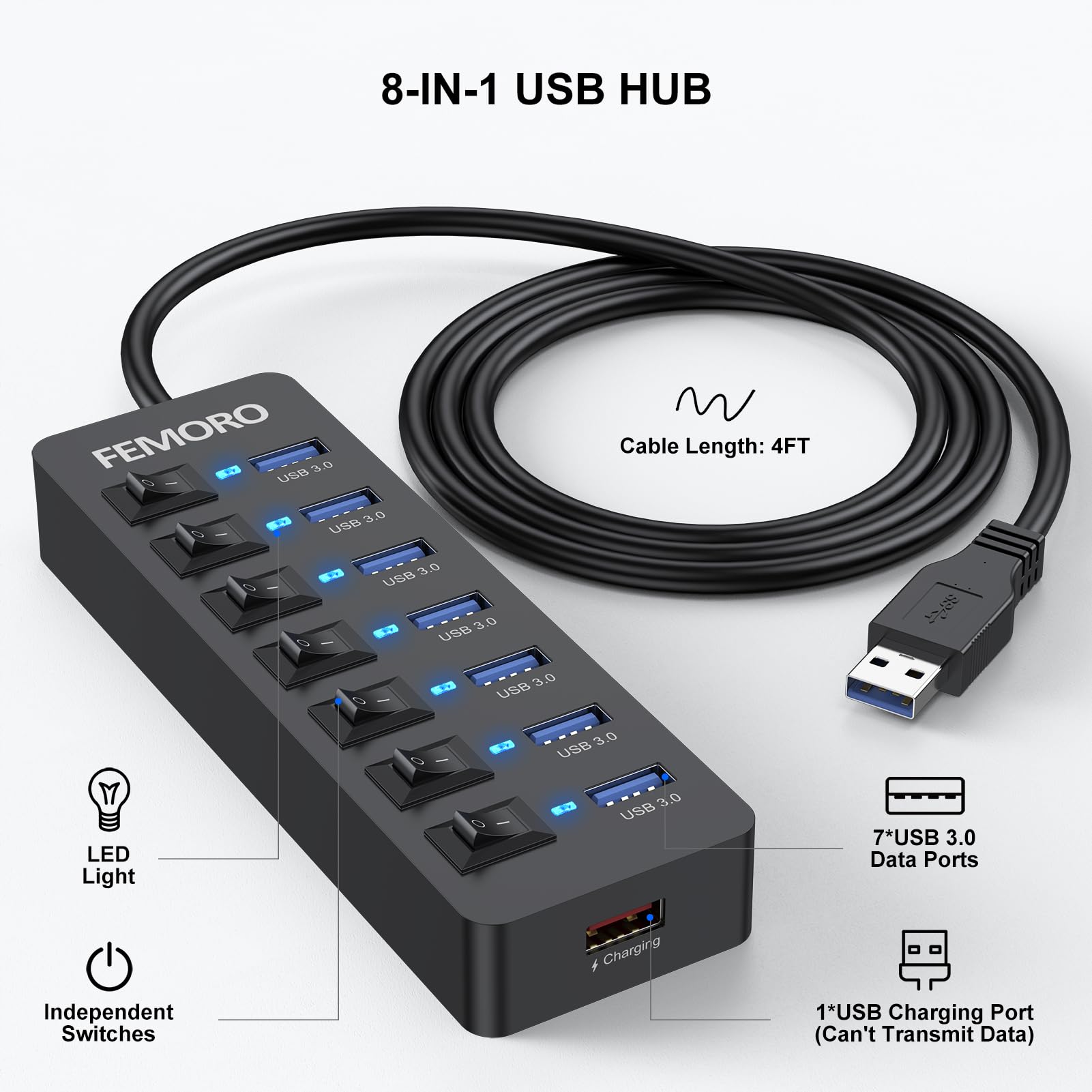 Powered Usb Hub 3.0, 5Gbps Data Transfer 7 Ports And 12W Charging Only 1 Port With 5V/3A Power Adapter 4Ft Long Cable & Individual Led Switches For Laptop Pc Flash Drive Ssd Hdd Keyboard Mouse...