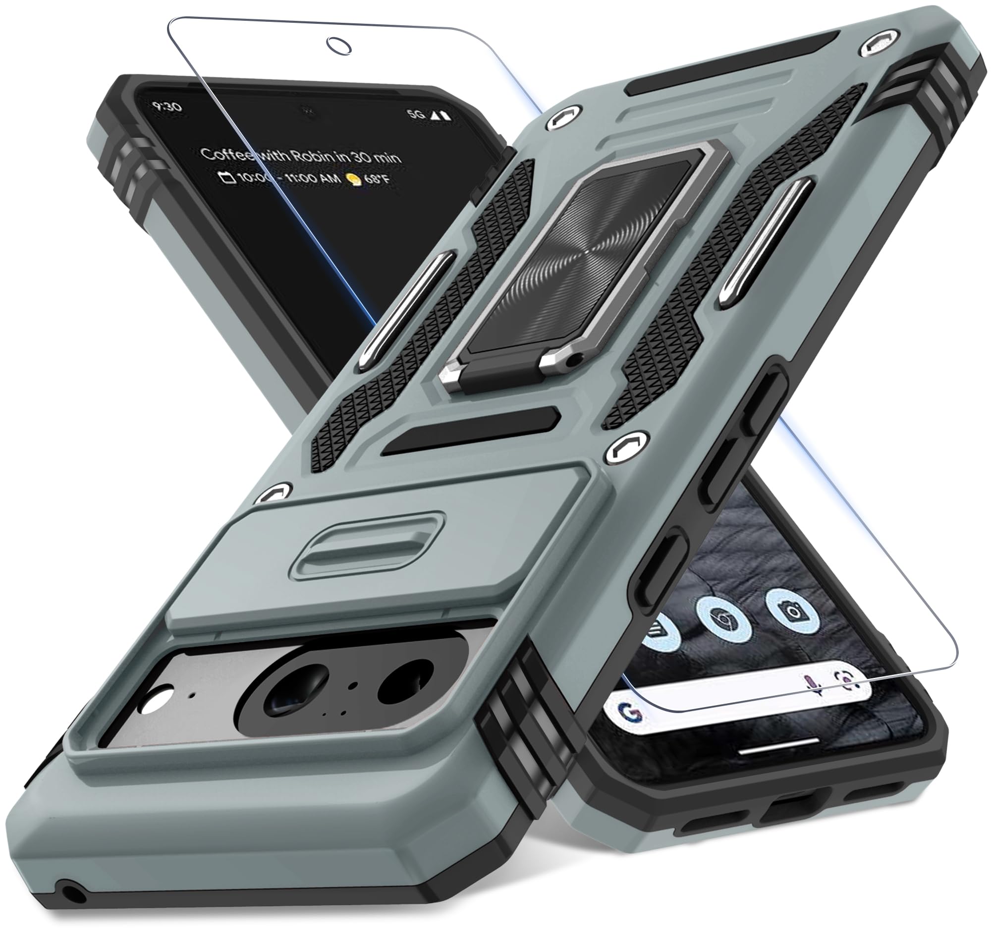 Deerlamn Case For Google Pixel 8 With Slide Camera Cover+Screen Protector (1 Pack), Rotated Ring Kickstand Military Grade Shockp