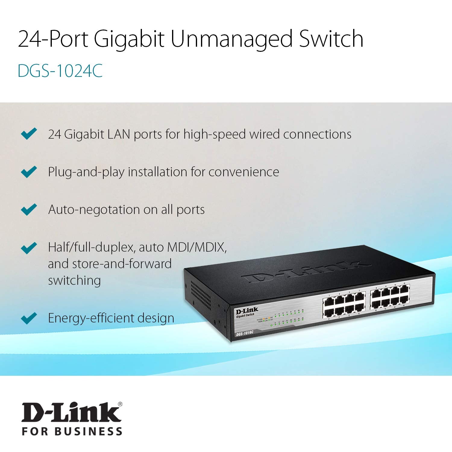D Link Ethernet Switch, 24 Port Gigabit Unmanaged Network Internet Hub Desktop Rackmount, Plug N Play (Dgs 1024C),Black