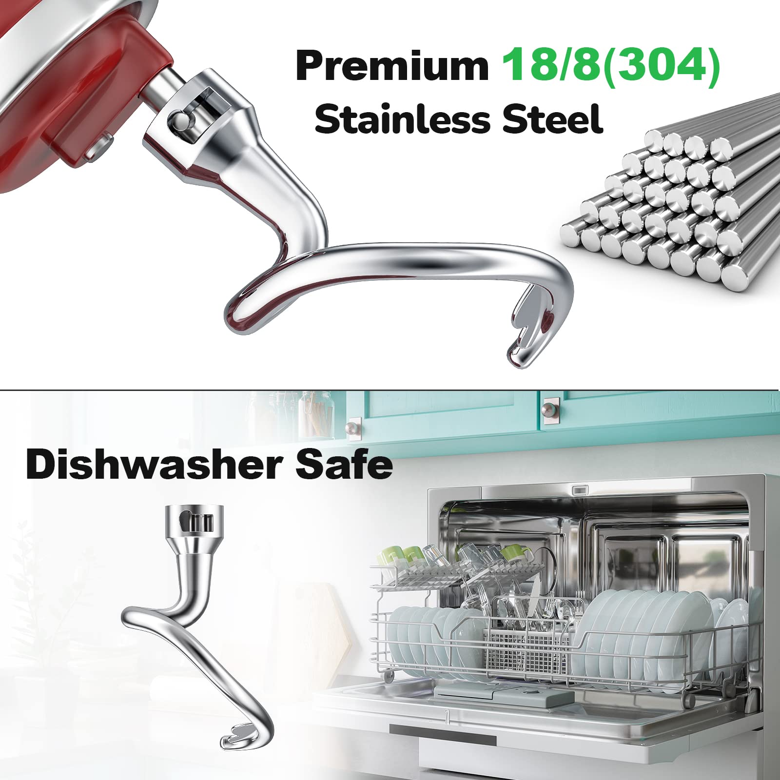 Spiral Dough Hook Replacement For Kitchenaid 4.5/5 Qt. Tilt Head Stand Mixers, 18/8 Stainless Steel K45Dh Dough Hook For Kitchen