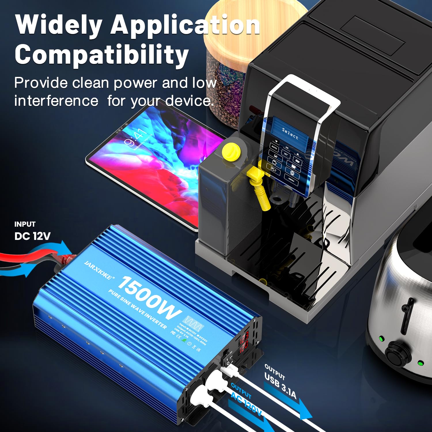 Jarxioke 1500 Watt Pure Sine Wave Power Inverter, 12 Vdc To 110 Vdc To 120 Vdc, For Home, Rv And Off-Grid Solar Systems, With 2