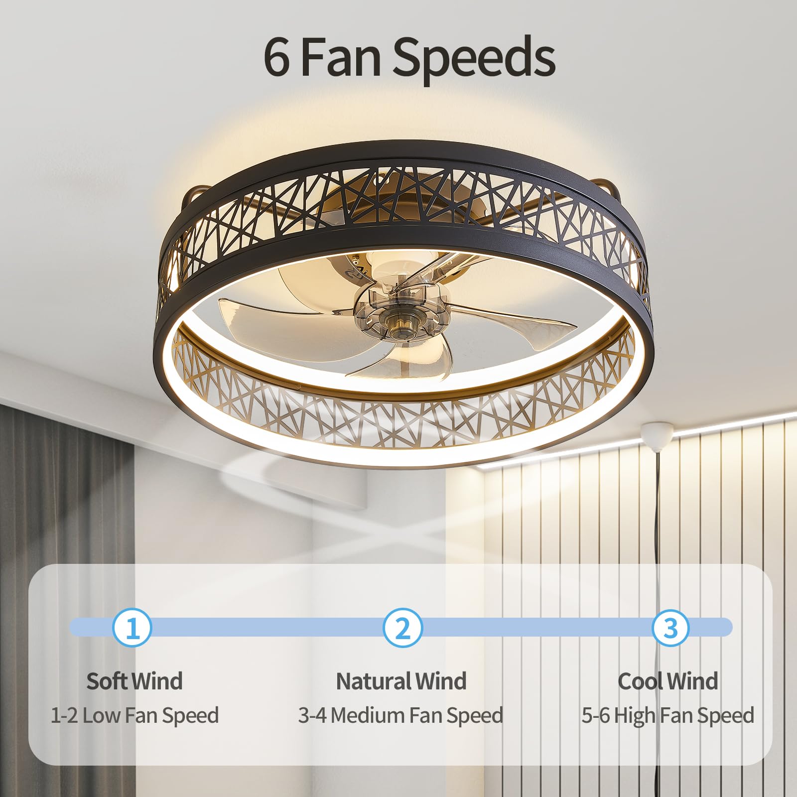 18'' Caged Ceiling Fans With Lights, 6 Speed Low Profile Ceiling Fans With Lights And Remote 3000 6000K Dimmable, Bladeless Ceil