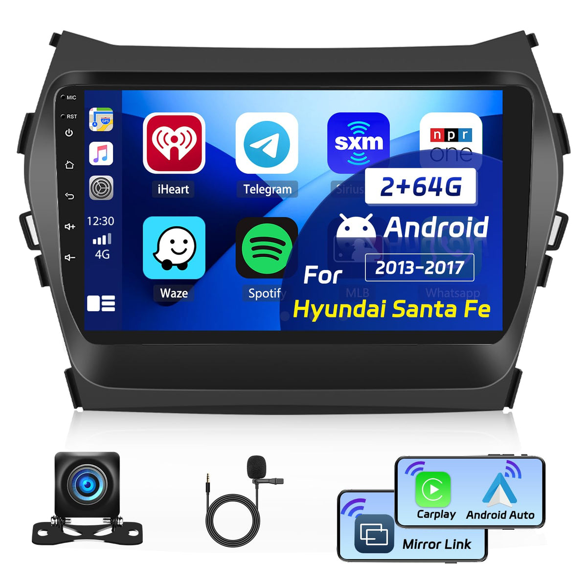 Roinvou [2G+64G] For Hyundai Santa Fe 2013 2017 Car Radio With Wireless Carplay/Android Auto, 9 Inch Android 13 Ips Touch Screen