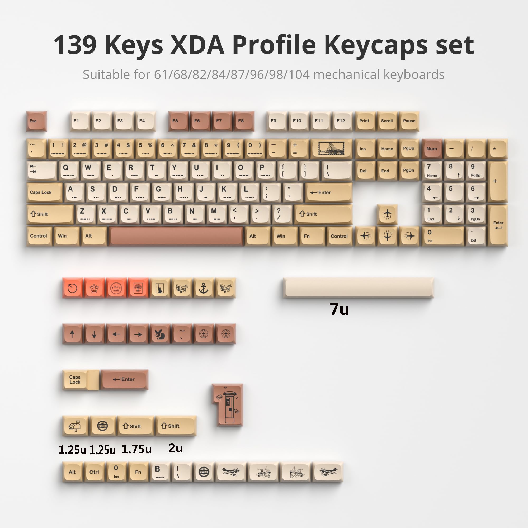 Surmen 139 Xda Profile Pbt Keycaps 75 Percent, Custom Keycaps Dye Sublimation With Iso Keys For 61/68/82/87/108 Mechanical Keybo