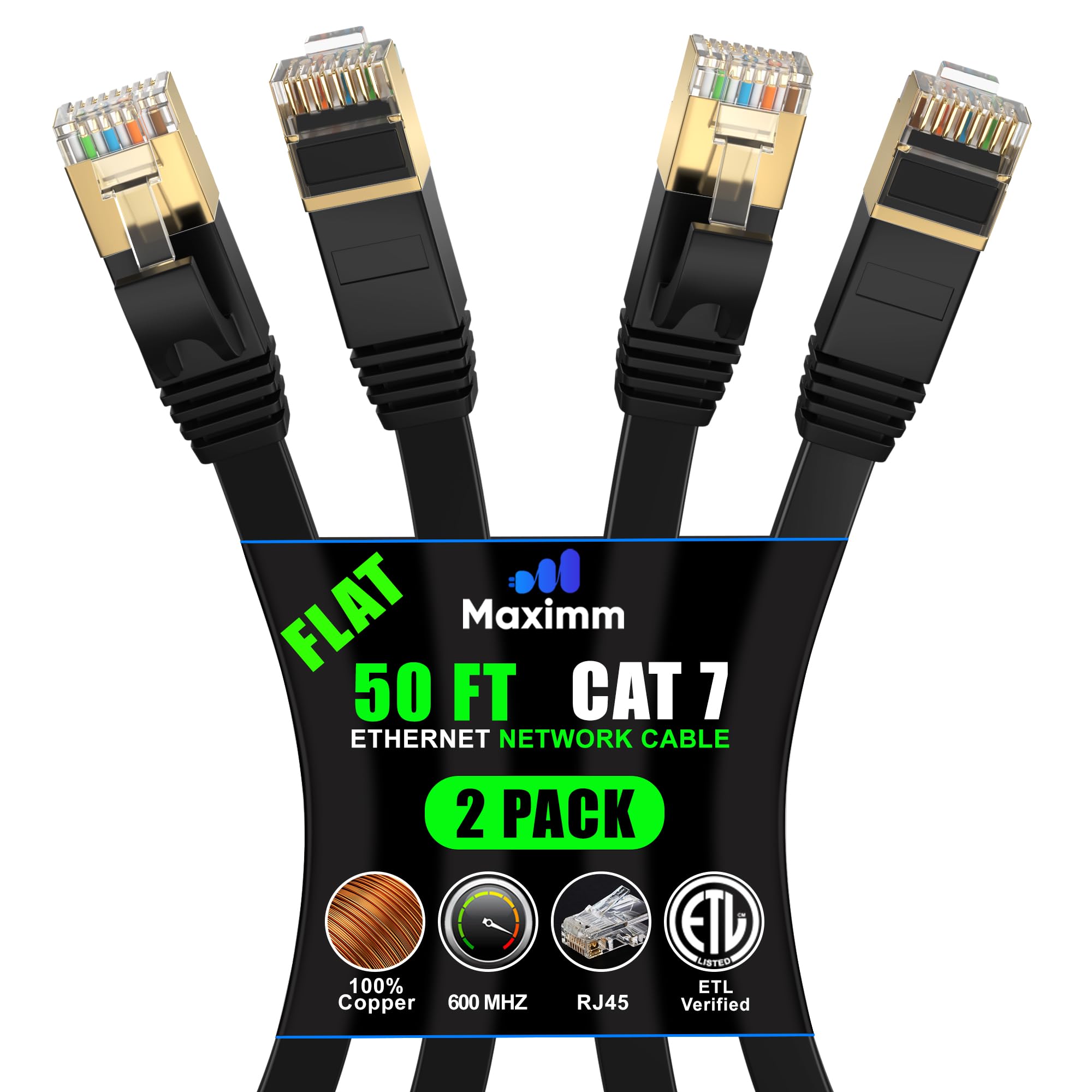 Cat 7 Ethernet Cable 50 Ft   With A Flat, Space Saving Design High Speed Internet Network Lan Patch Cable, Rj45 Connectors   50Ft Black 2 Pack   Perfect For Gaming, Streaming, And More