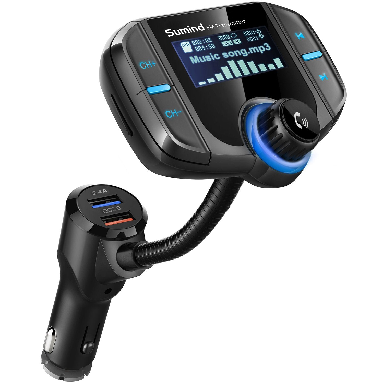 (Upgraded Version) Bluetooth Fm Transmitter, Sumind Wireless Radio Adapter Hands Free Car Kit With 1.7 Inch Display, Qc3.0 And S