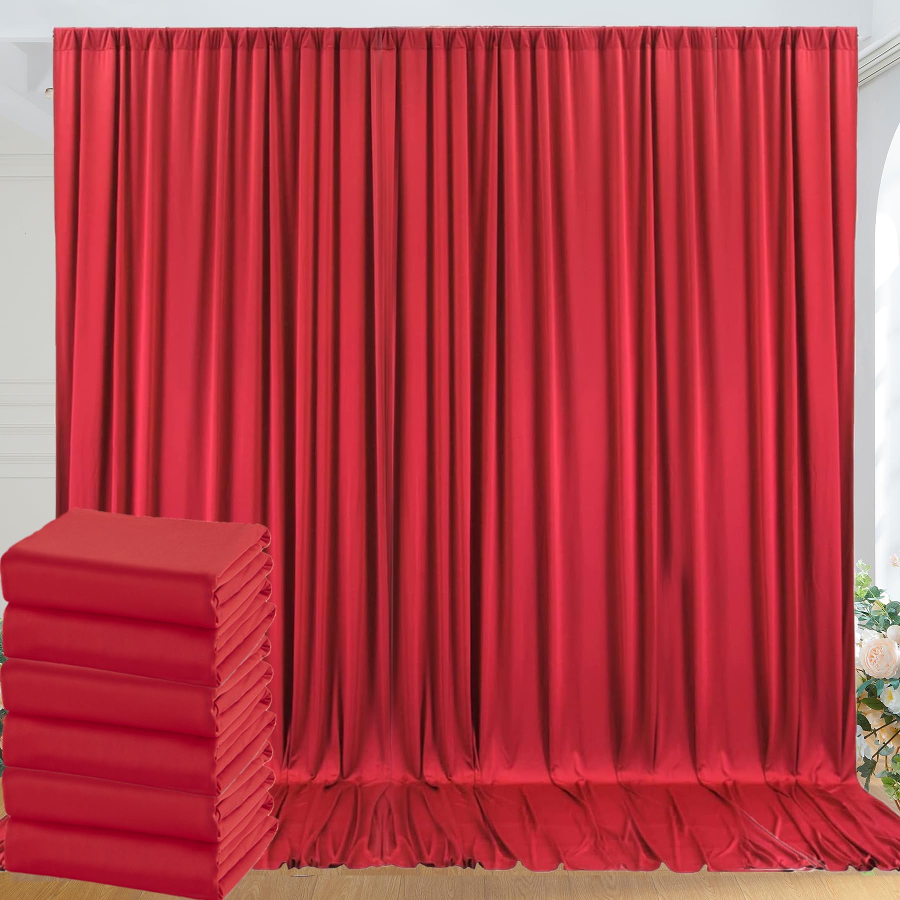 30Ftx10Ft Wrinkle Free Red Backdrop Curtains For Parties, 6 Panels 5X10Ft Silky Polyester Photo Backdrop Drapes For Wedding Birt