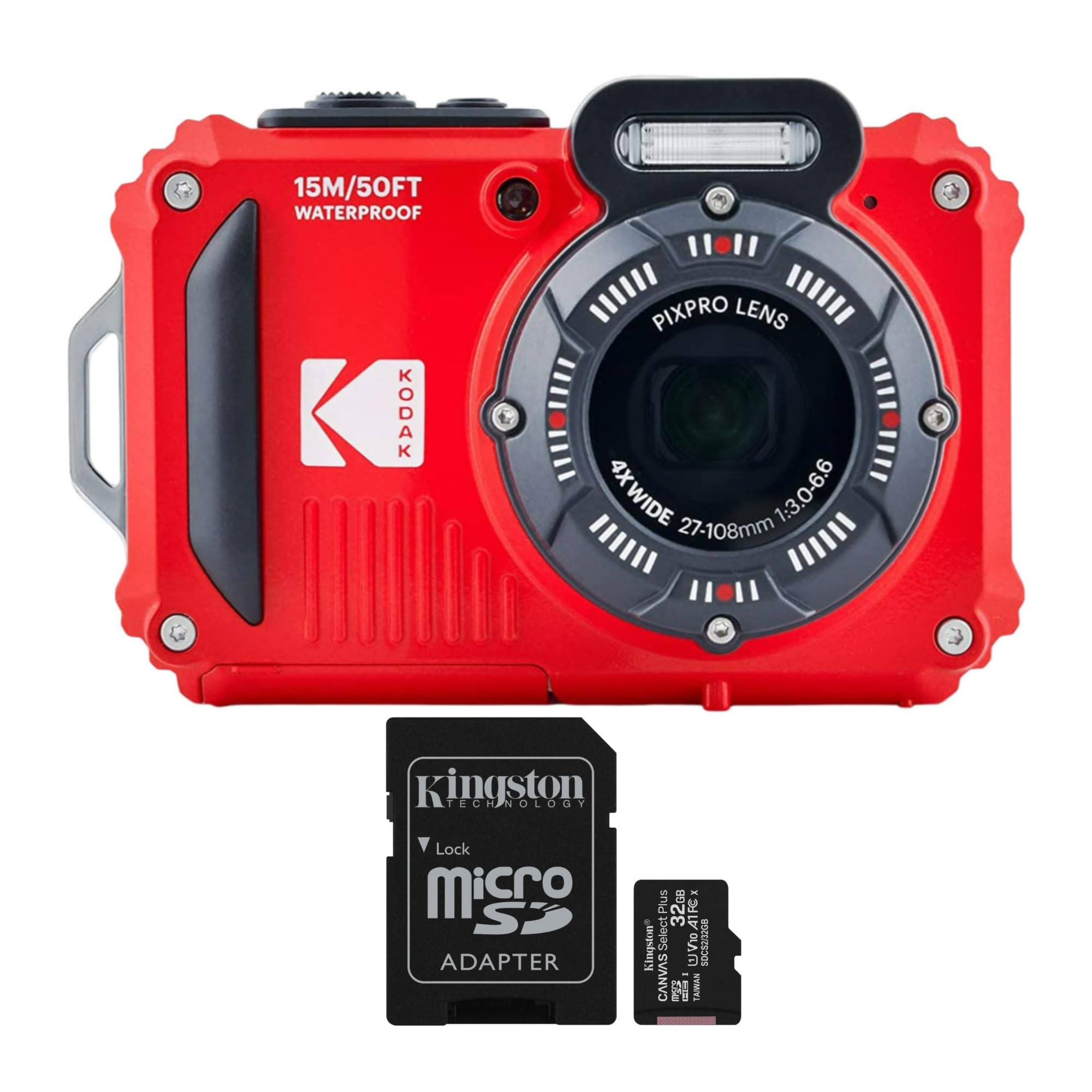 Kodak Pixpro Wpz2 Rugged Waterproof 16Mp Digital Camera With 4X Optical Zoom (Red) And 32Gb Microsdhc Card With Adapter Bundle (