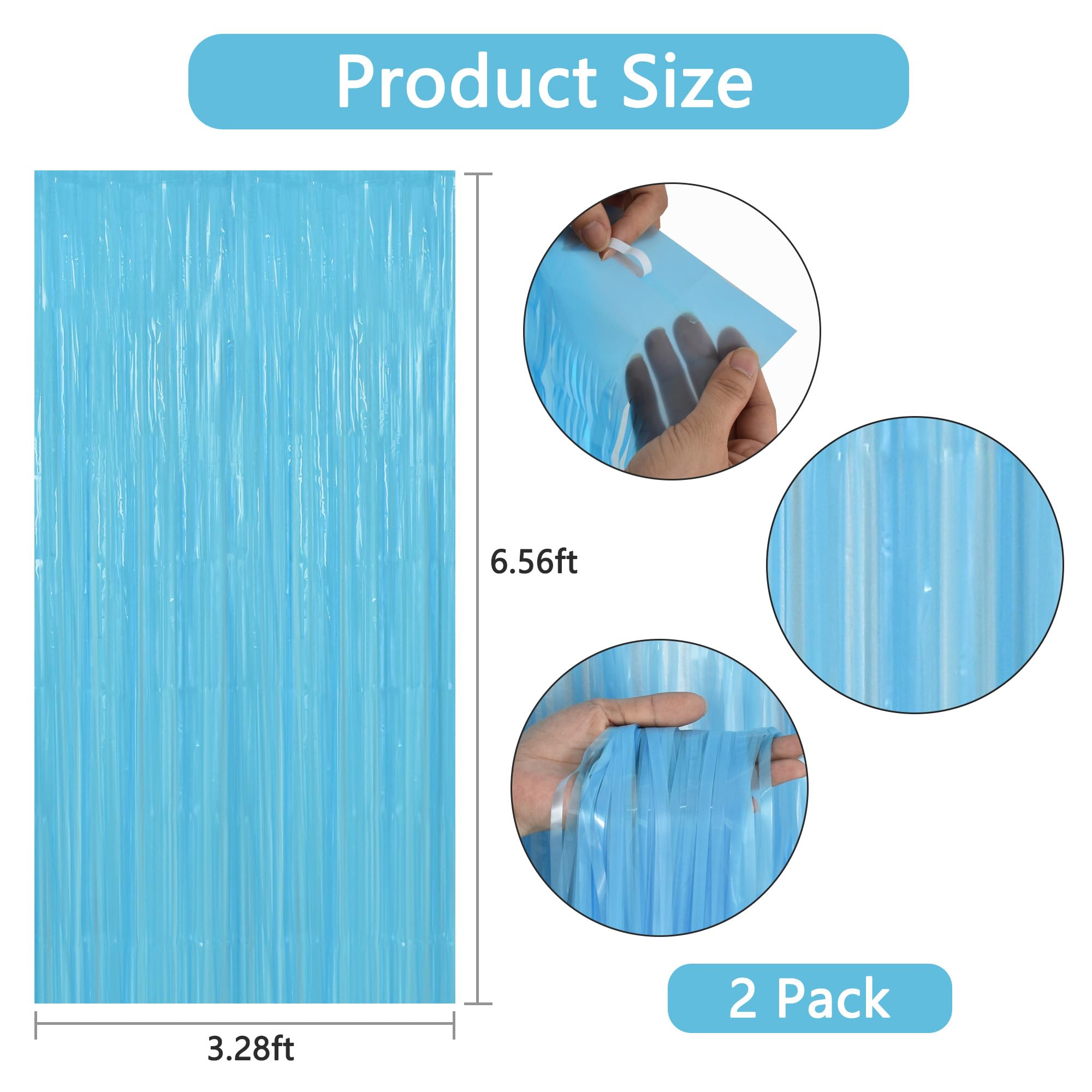 Beishida 2Pcs Light Blue Door Streamer Fluorescent Blue Backdrop Blue Foil Fringe Curtains Tinsel For Birthday Baby Shower Backd
