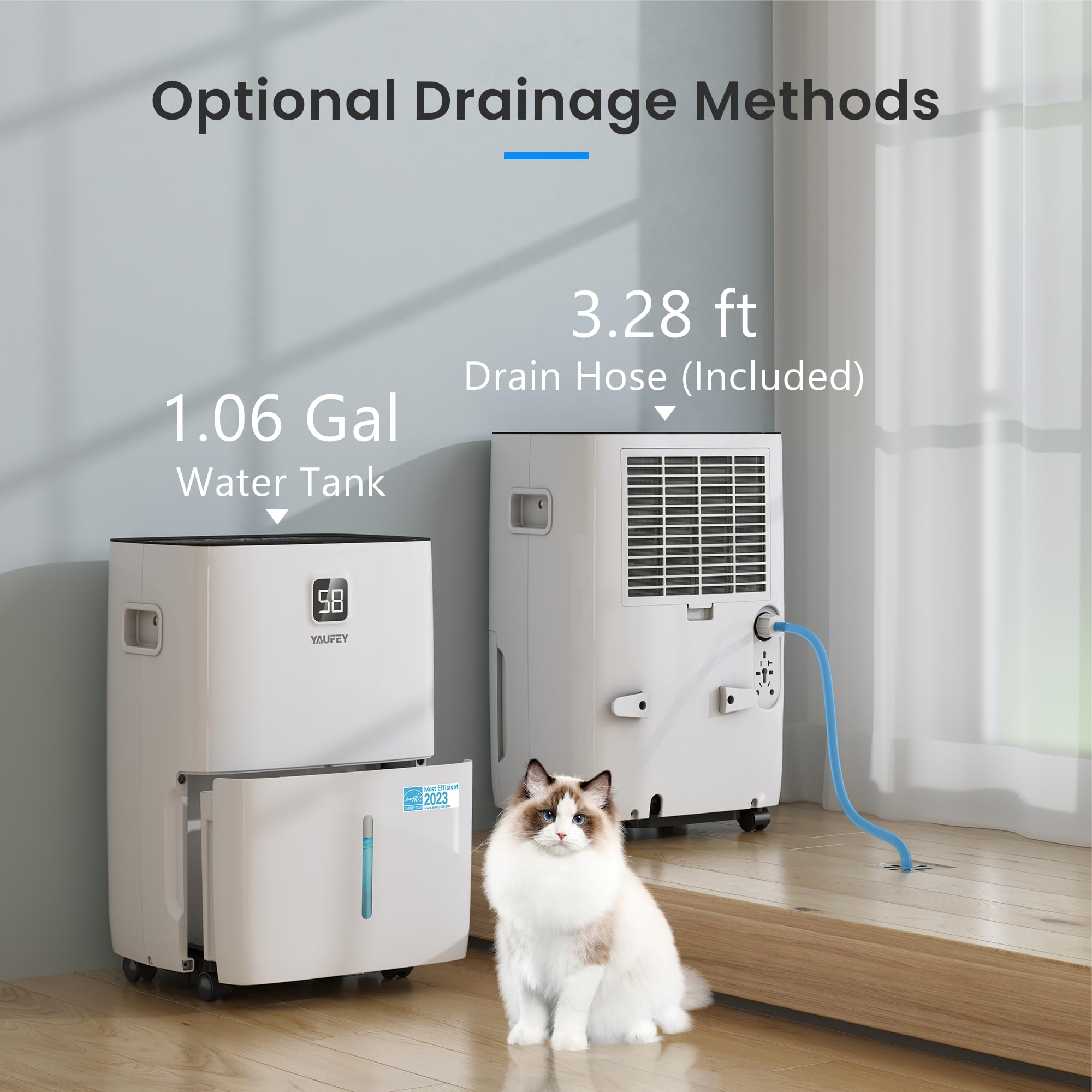 Yaufey 80 Pints Energy Star Dehumidifier For Home, Basement And Large Room Up To 5000 Sq. Ft., With Drain Hose, Timer, Intellige