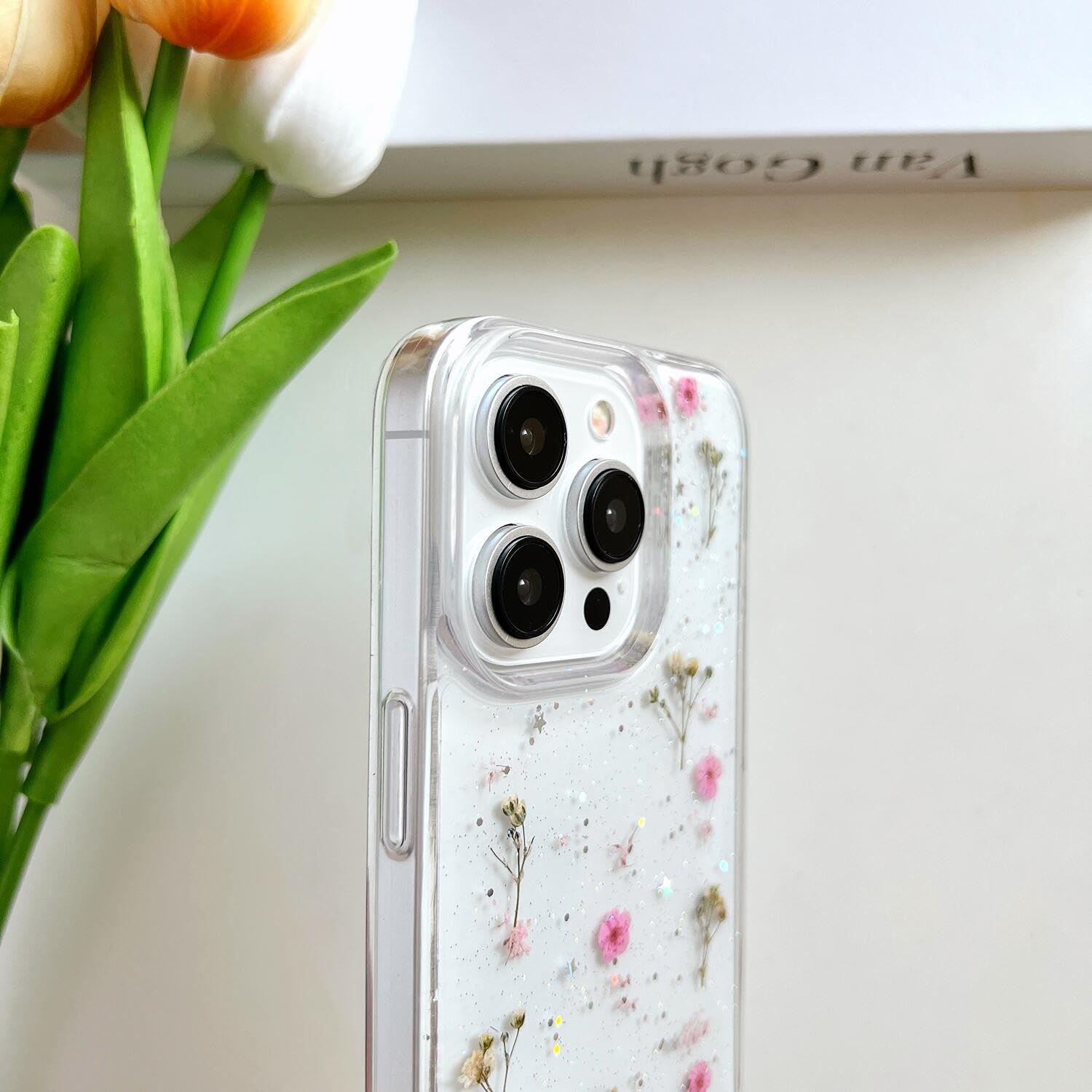 Lseeka For Iphone 15 Pro Clear Case With Pressed Real Flowers Design,Glitter Cute Pink Floral Pattern Slim Soft Tpu Protective W