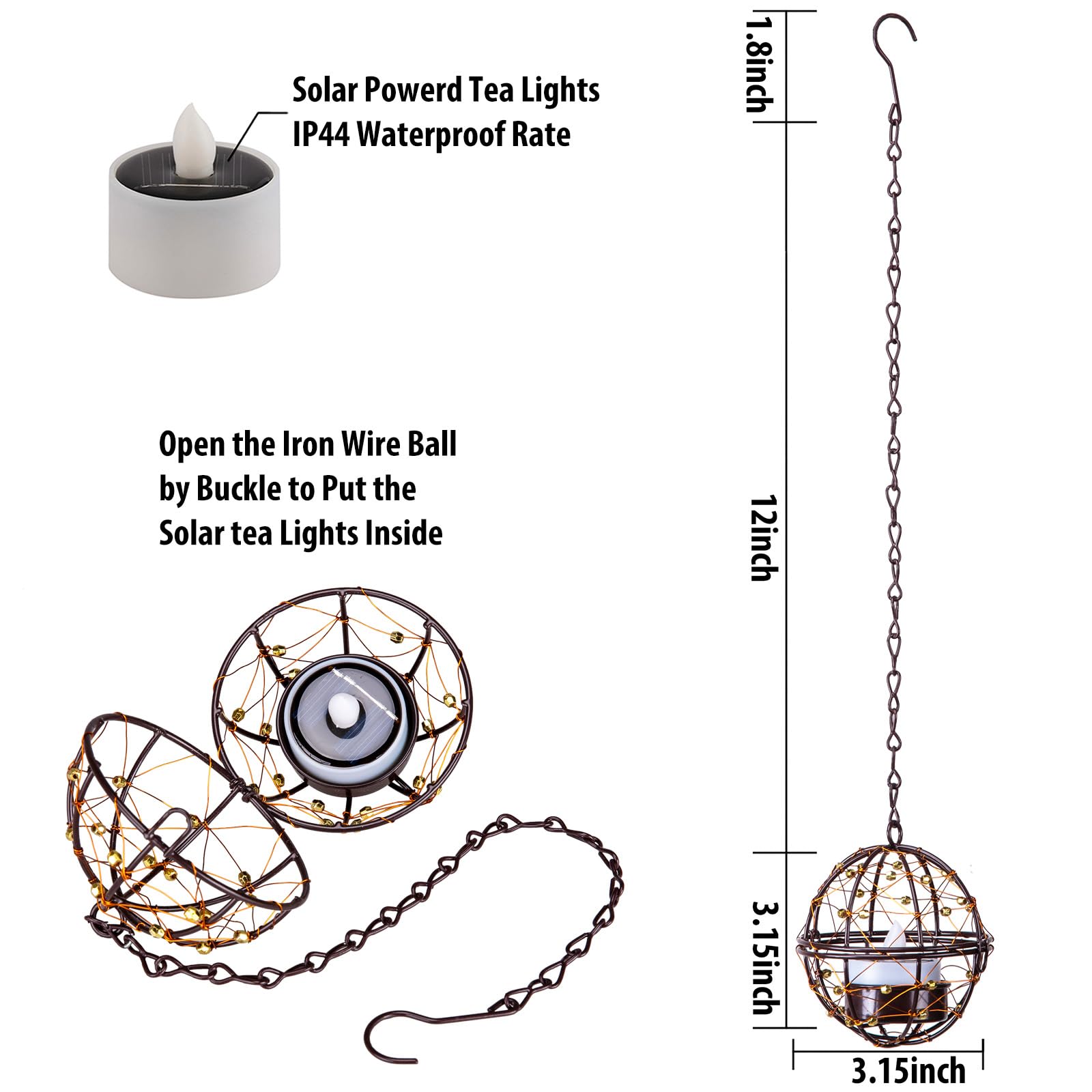 Outdoor Solar Hanging Lanterns Waterproof, Globe Hanging Candle Holder With Flickering Solar Powered Tea Lights, Chargeable Sola
