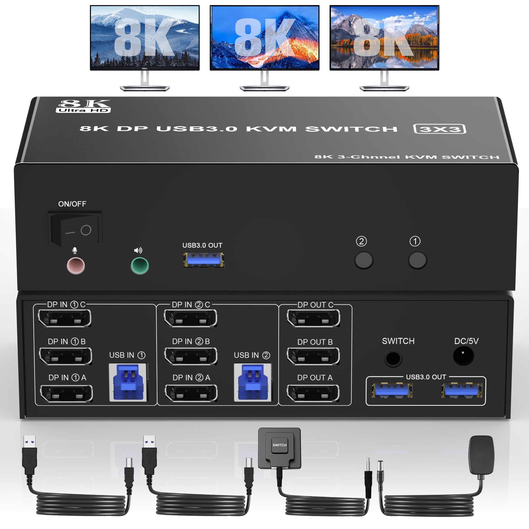 8K@60Hz Displayport Kvm Switch Usb 3.0 Triple Monitor For 2 Computer, Kvm Switch 3 Monitors 2 Computers With Audio And 3 Usb 3.0