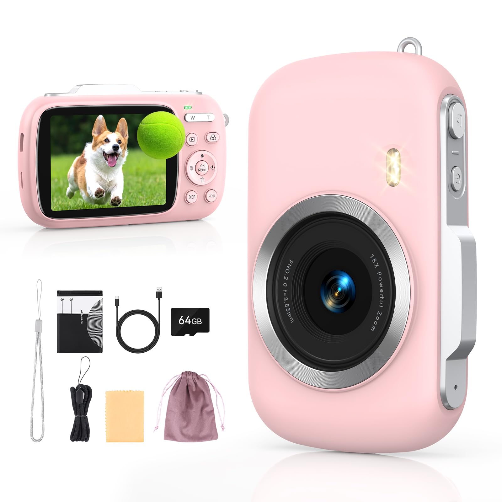 Digital Camera 4K 64MP - Vlogging Camera for Kids & Beginners | 18X Zoom Point and Shoot Camera Anti Shake, Compact with Flash, 