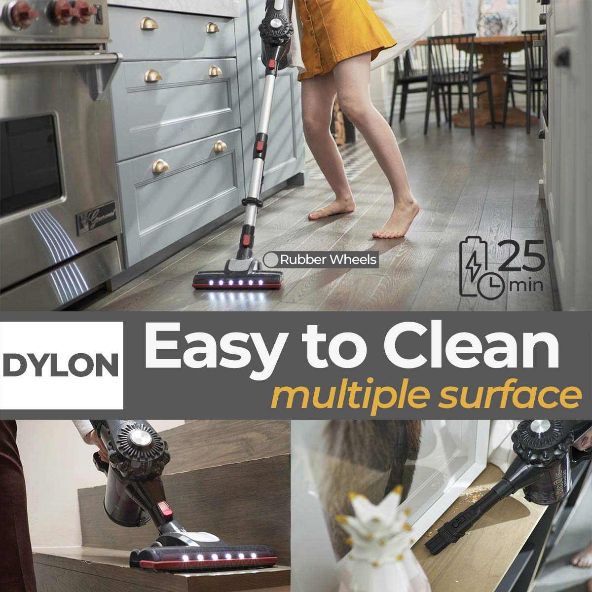 Roomie Tec Dylon Cordless Vacuum Cleaner Up To 25Min 2200Mah Rechargeable Handheld Stick Vacuum Cleaners For Home Pet Hair Floor