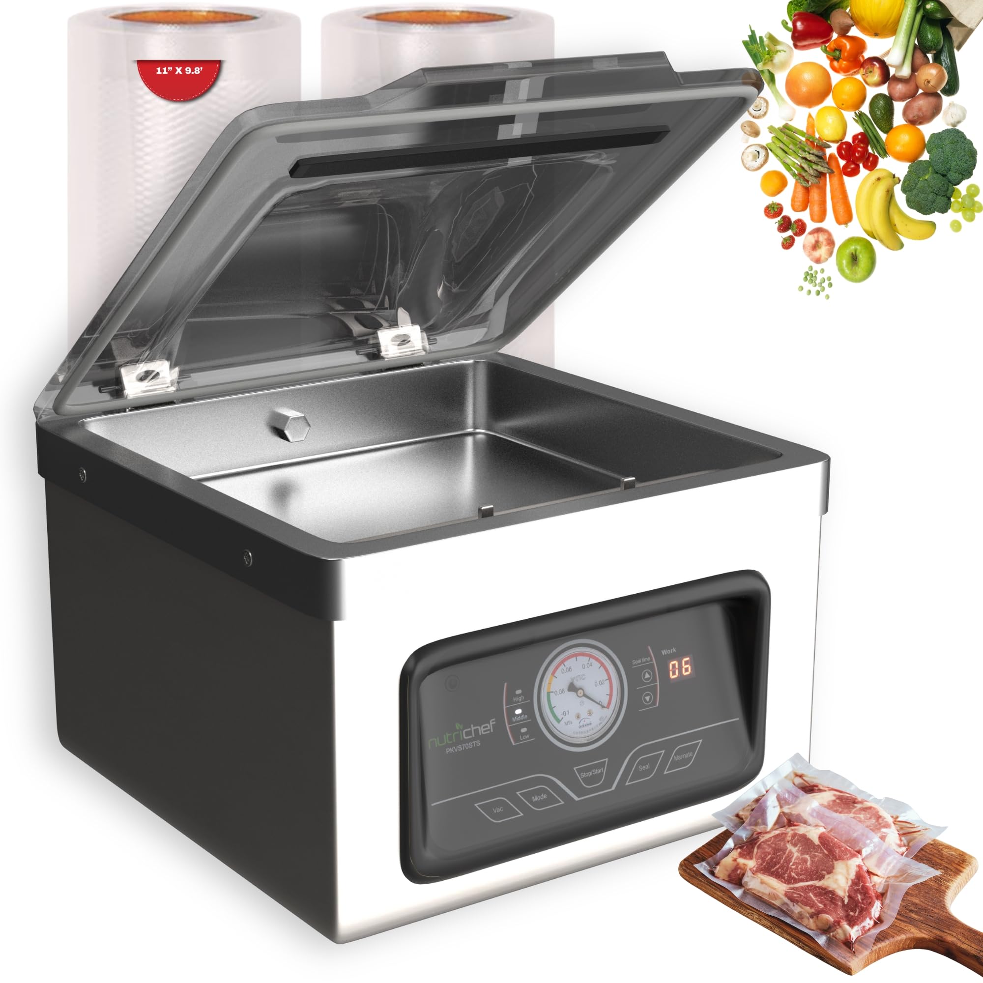 NutriChef 350W Vacuum Sealer Machine - 8L Chamber Commercial Food Sealer, Automatic Meat Packing and Sous Vide System with Digit