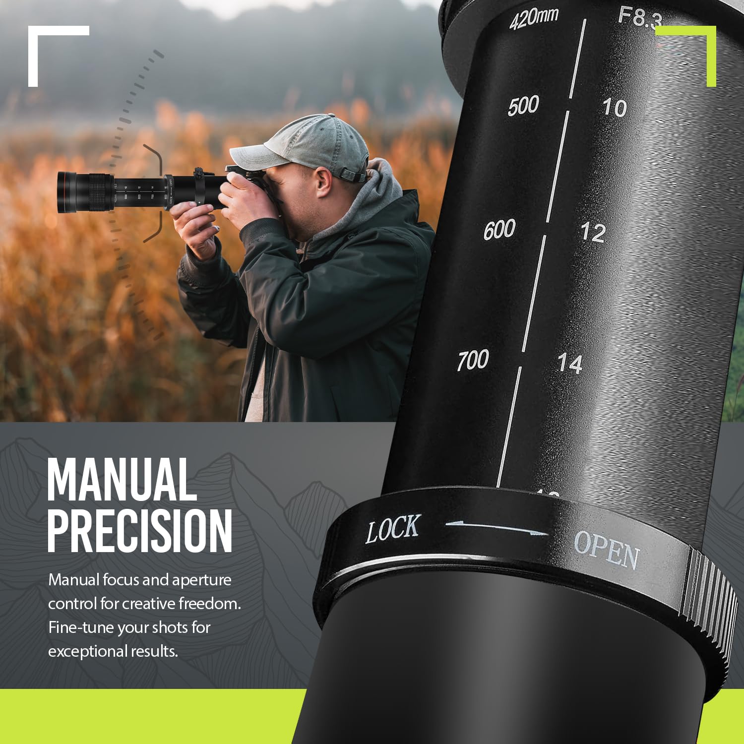 Big Mike's 420-1600mm f/8.3 HD Manual Telephoto Lens for Nikon DSLR Cameras - Black, Model BM-SLY420NK-K2