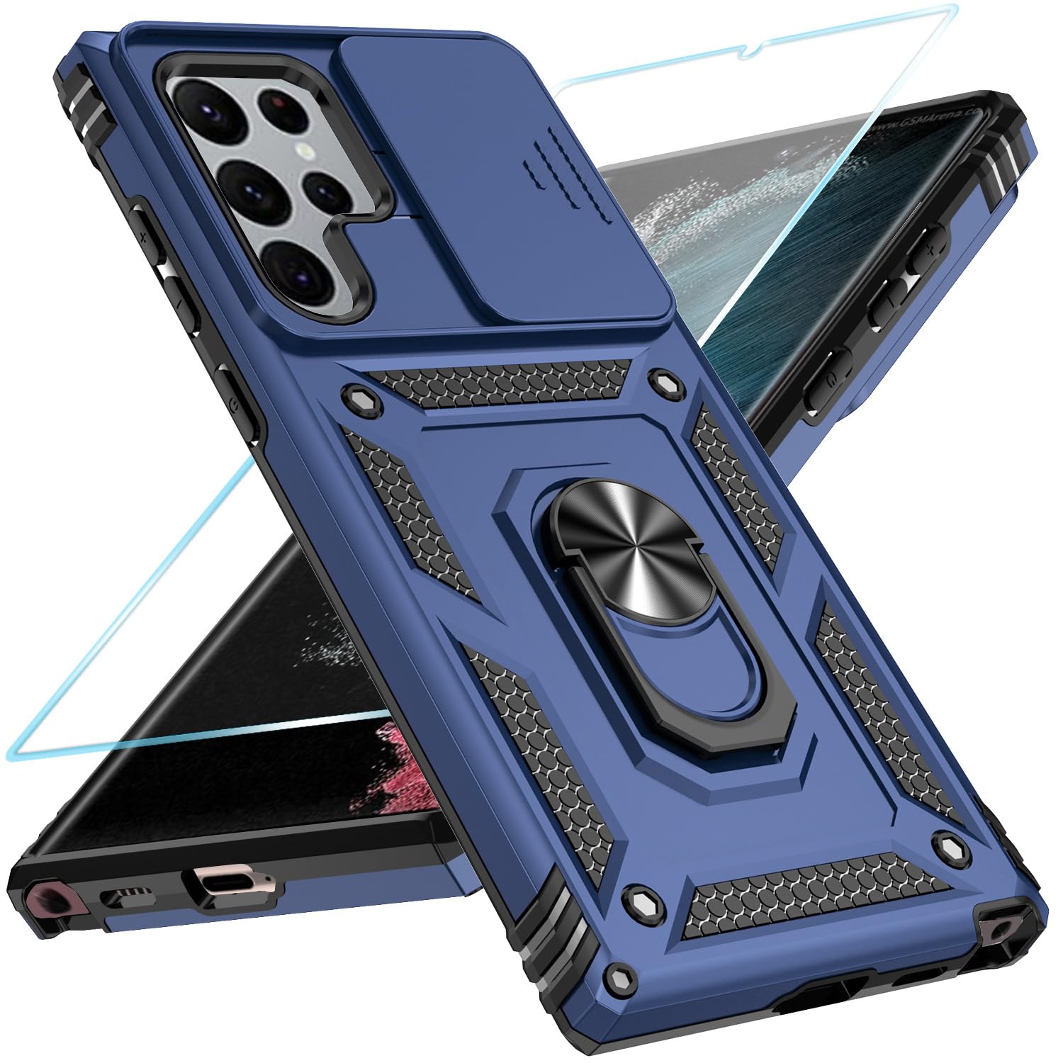 Sunstory For Samsung Galaxy S22 Ultra 5G Case With Hd Screen Protector & Slide Camera Cover & Rotated Ring Kickstand, [Military 