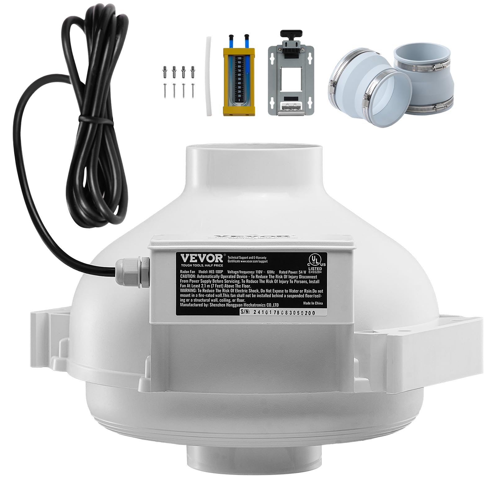 VEVOR 4 to 4.5 inch Radon Fan Installation Kit, Quiet 190CFM Radon Mitigation Fan System Kit with 2 Couplers, Pressure Indicator