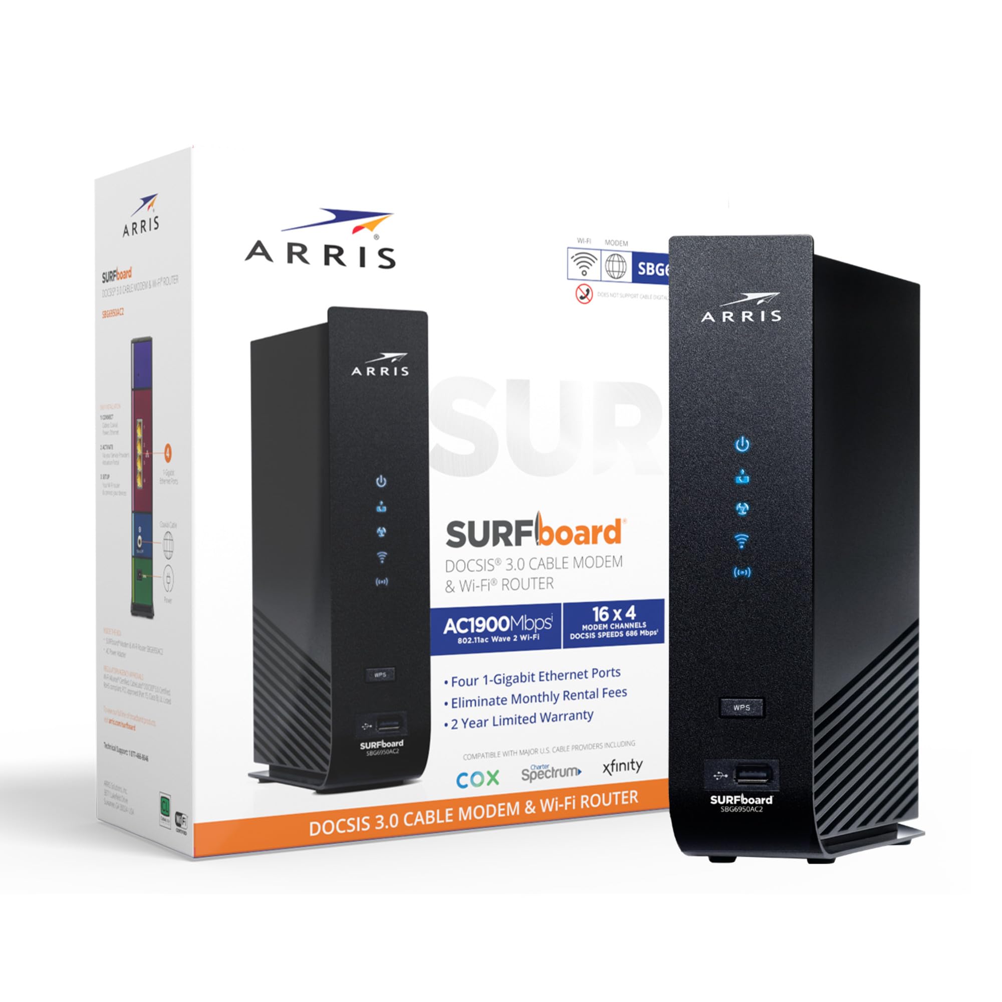 Arris Surfboard Sbg6950Ac2 Docsis 3.0 Cable Modem & Ac1900 Wi Fi Router , Approved For Comcast Xfinity, Cox, Charter Spectrum &
