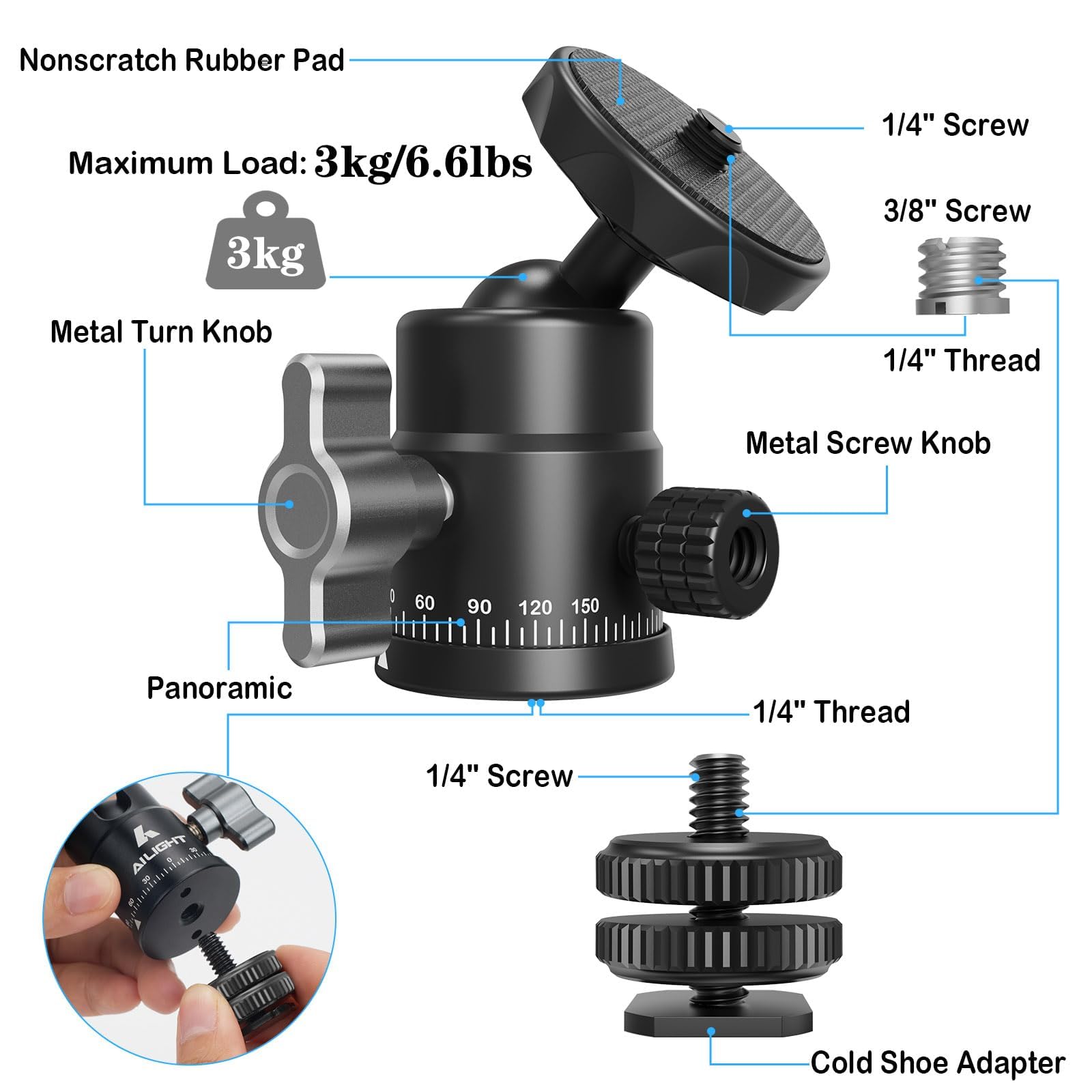 Ailight Mini Ball Head, 360 Panoramic Tripod Head, Universal 1/4'' To 3/8'' Screw Adapter Swivel Ball Head Tripod Mount, Dual Co