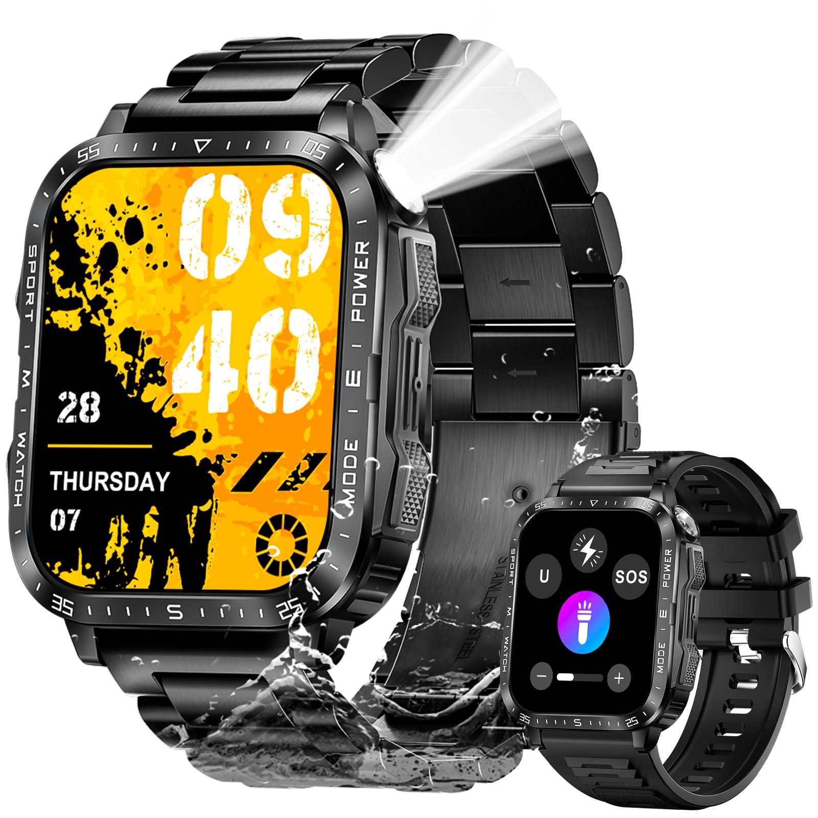 Military Smart Watch For Men With Led Flashlight Watch 2.0'' Big Screen Tactical Smartwatch 430Mah Big Battery Fitness Tracker W