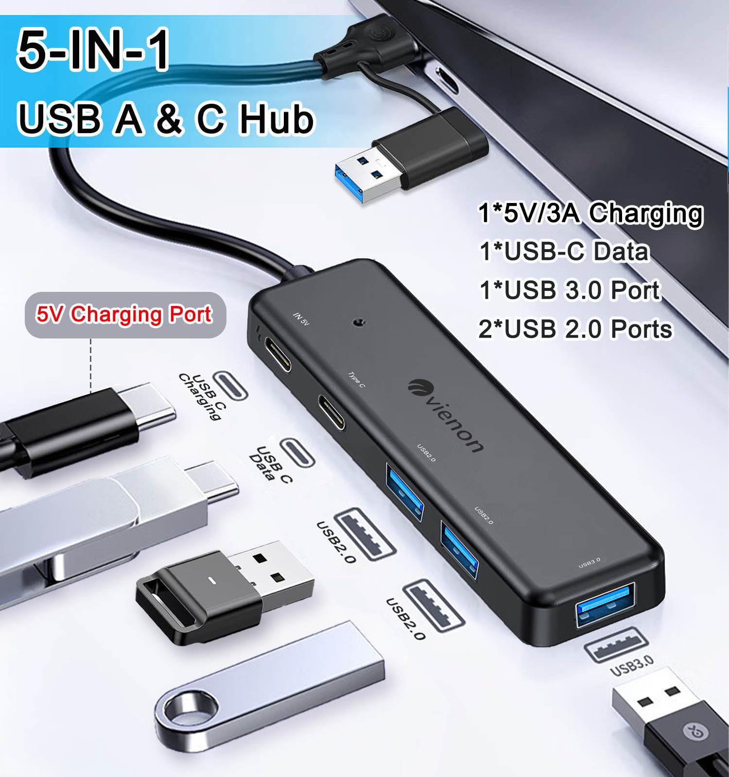 Vienon Usb 3.0 Hub (5 In 1), Usb C Hub, Usb C To Usb 3.0 Hub Adapter With Usb C Power/Data Ports, Usb Extender Usb A&C Docking S