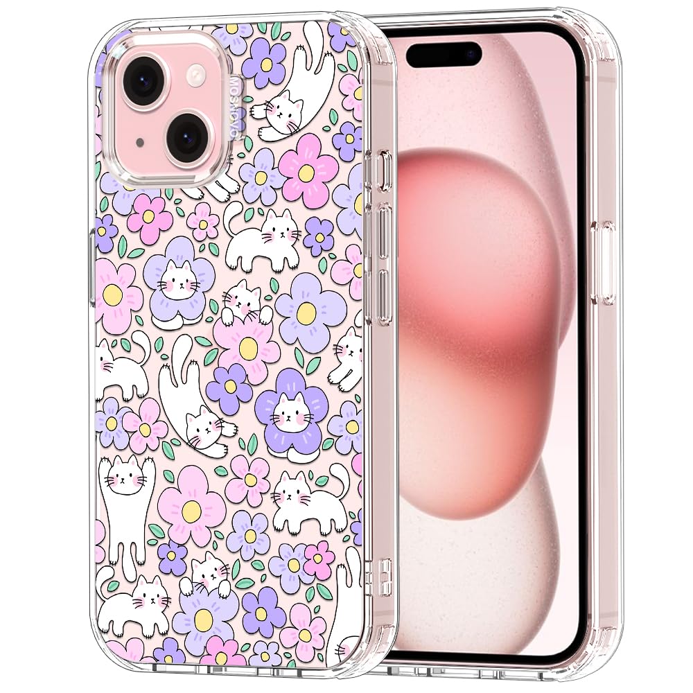MOSNOVO for iPhone 15 Case, Shockproof Military-Grade Protection 6.6ft Drop Tested, Clear Phone Case for iPhone 15, Cat in Bloom