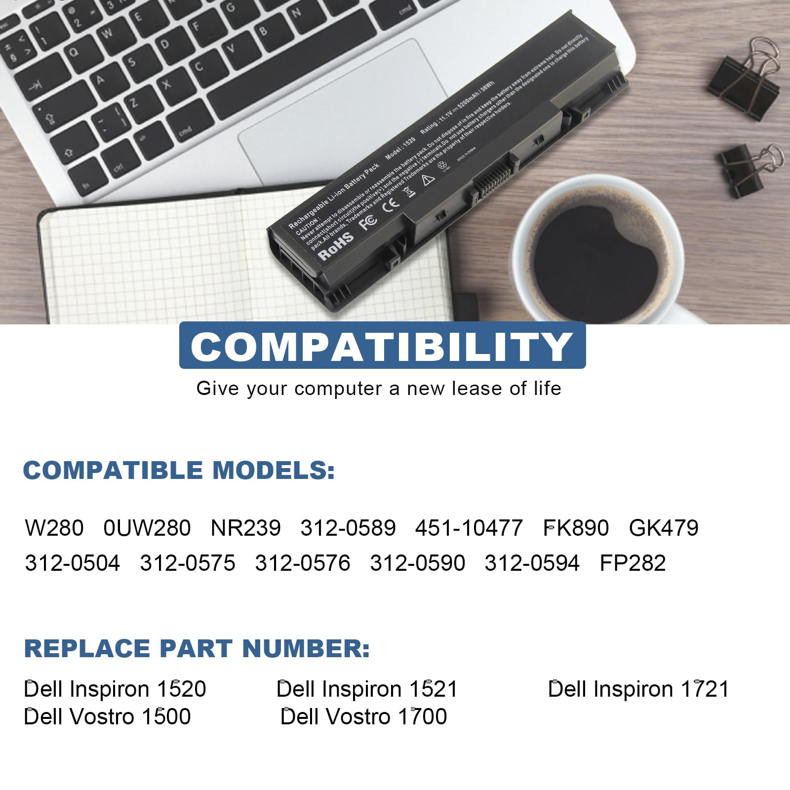 Laptop Battery For Dell Inspiron 1521 1520 1721 Pp22L Pp22X ; Dell Vostro 1500 1700, Fits P/N W280 0Uw280 Nr239 312 0589 451 104