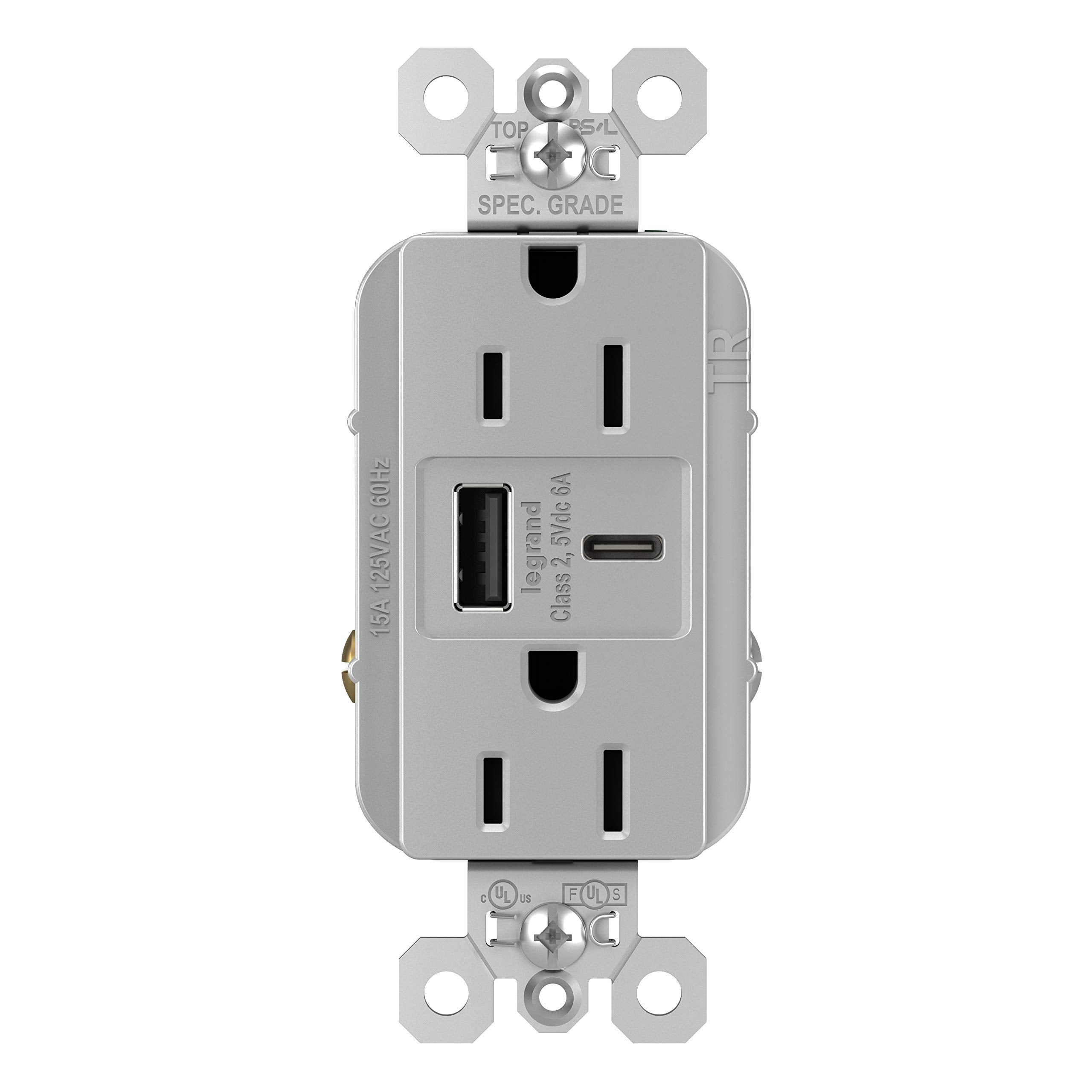 Legrand Pass & Seymour Tr15Usbac6Gry 15 Amp Tamper Resistant Heavy Duty Specification Grade Decorator Duplex Receptacle Outlet W